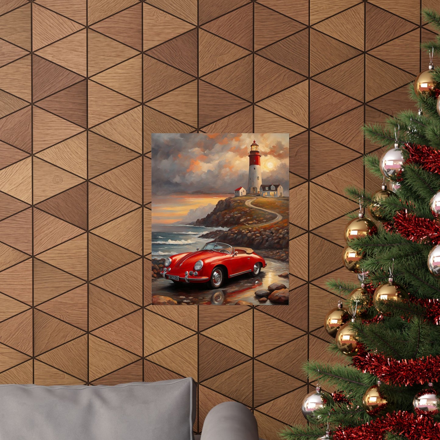 Vintage Car Lighthouse Poster, Coastal Wall Art, Home Decor, Unique Gift for Car Lovers, Nautical Wall Art, Retro Aesthetic