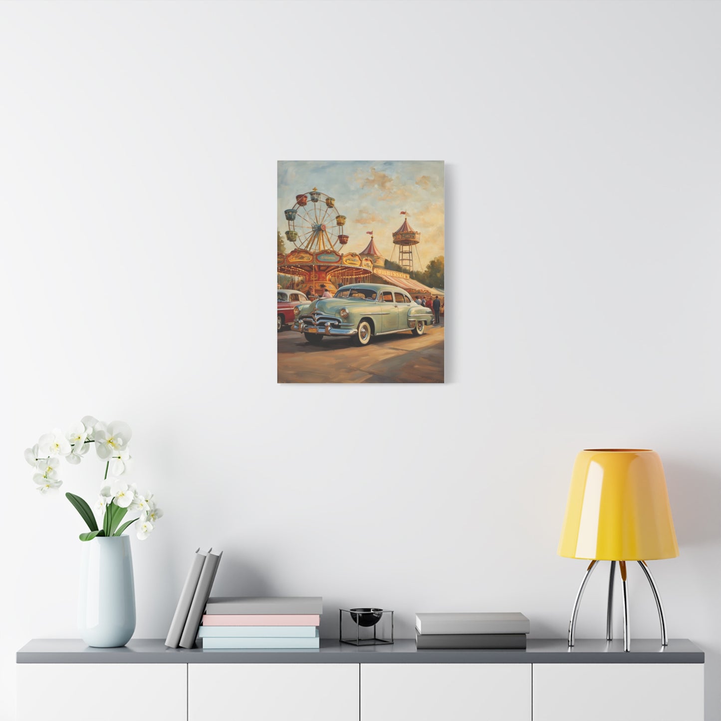 Vintage Carnival Art Canvas Print | Nostalgic Car Decor, 1950s Wall Art, Retro Home Decor, Fairground Artwork, Gift for Car Lovers