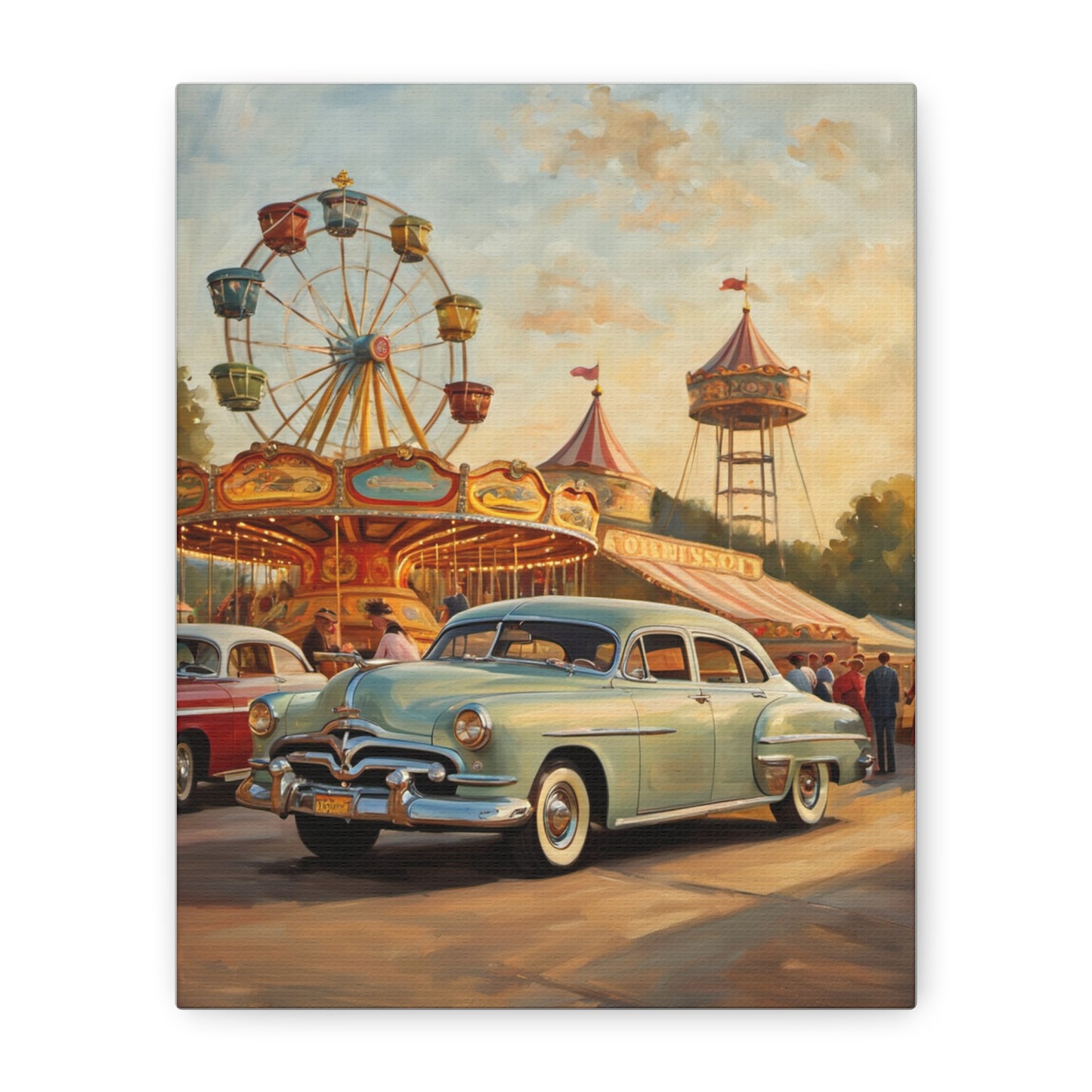 Vintage Carnival Art Canvas Print | Nostalgic Car Decor, 1950s Wall Art, Retro Home Decor, Fairground Artwork, Gift for Car Lovers