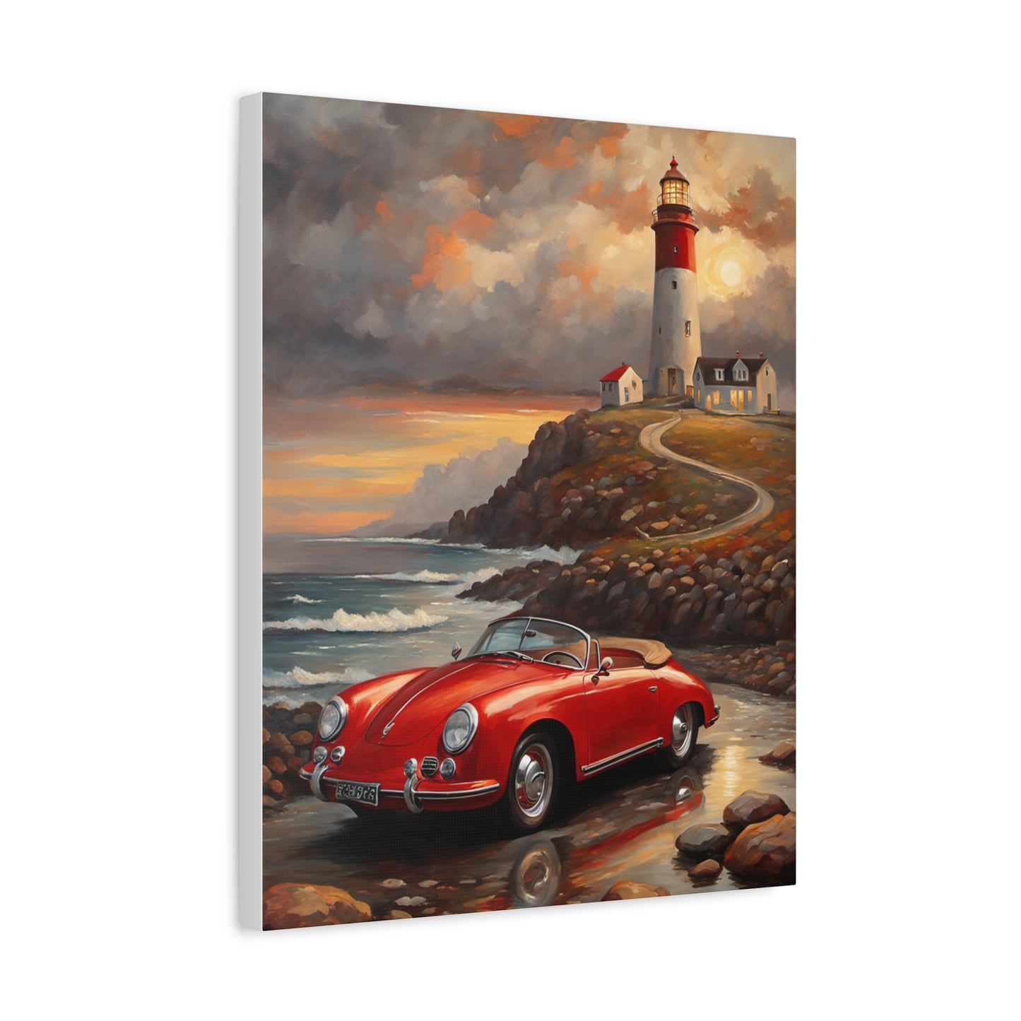 Scenic Canvas Wall Art, Vintage Car, Lighthouse Decor, Nautical Home Design, Coastal Art, Gift for Car Lovers