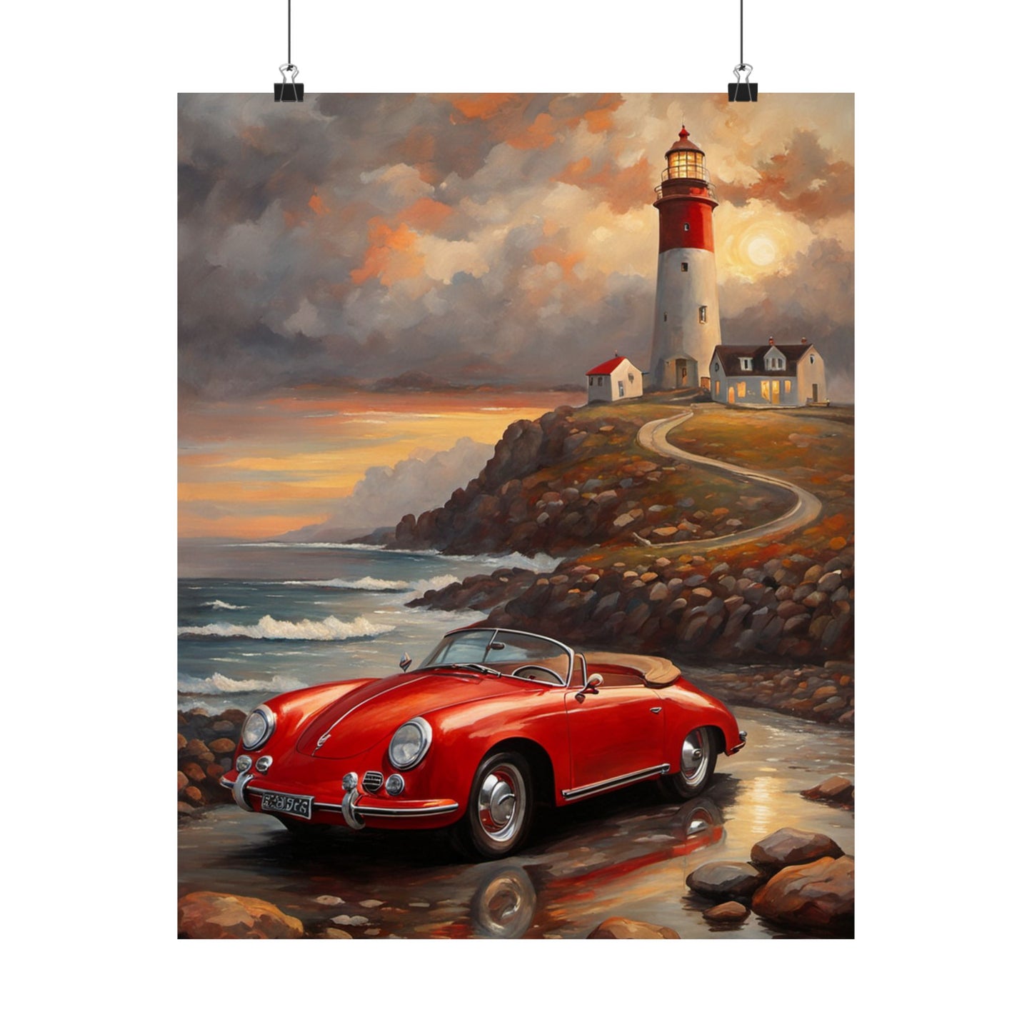 Vintage Car Lighthouse Poster, Coastal Wall Art, Home Decor, Unique Gift for Car Lovers, Nautical Wall Art, Retro Aesthetic