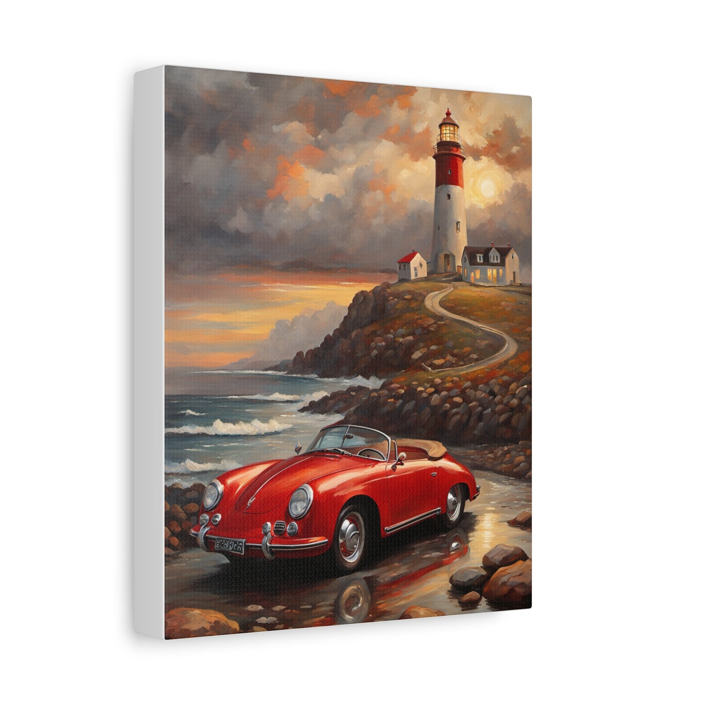 Scenic Canvas Wall Art, Vintage Car, Lighthouse Decor, Nautical Home Design, Coastal Art, Gift for Car Lovers