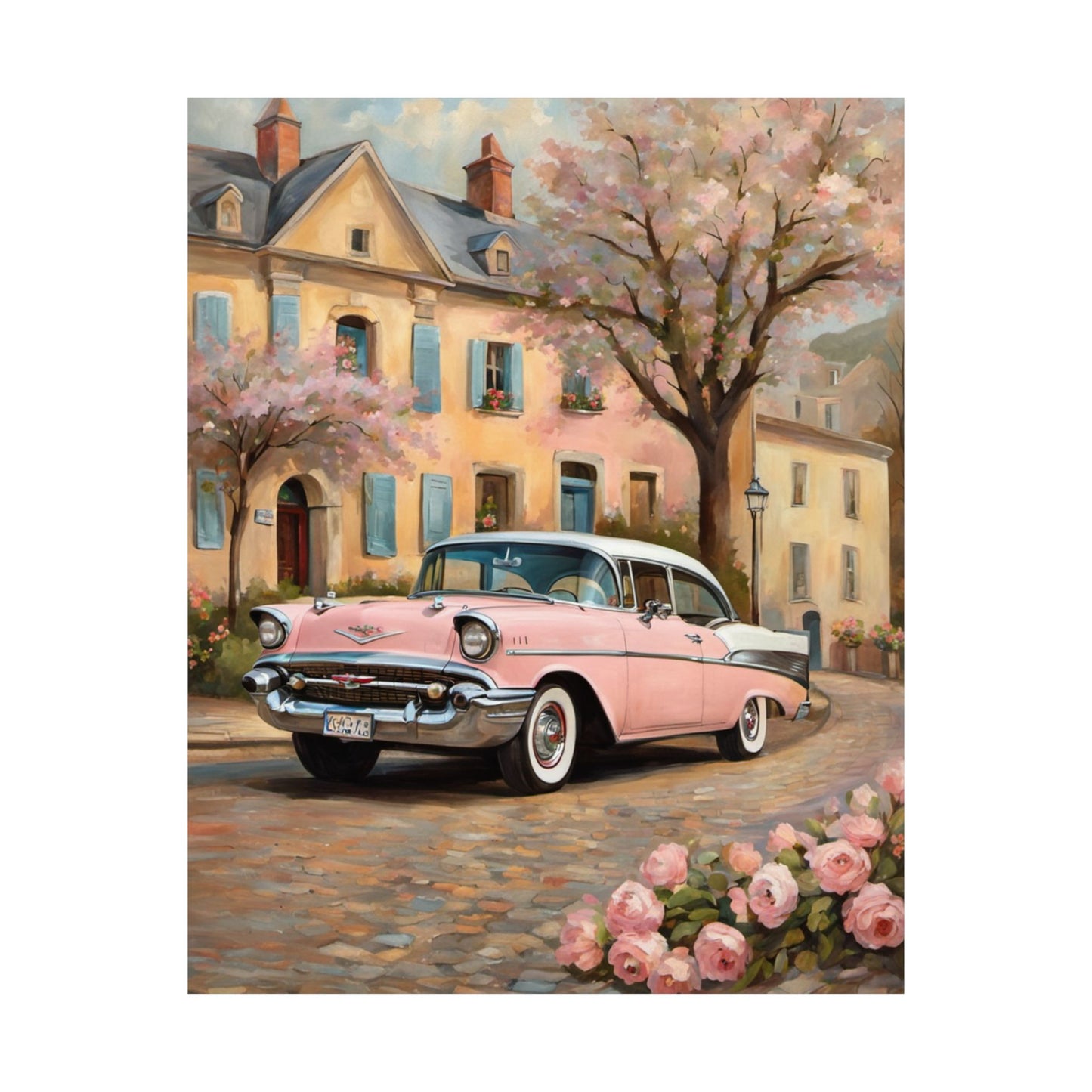 Vintage Car Floral Wall Art, Matte Vertical Posters for Home Decor, Retro Artwork for Living Room, Gift for Car Lovers, Nostalgic Decor