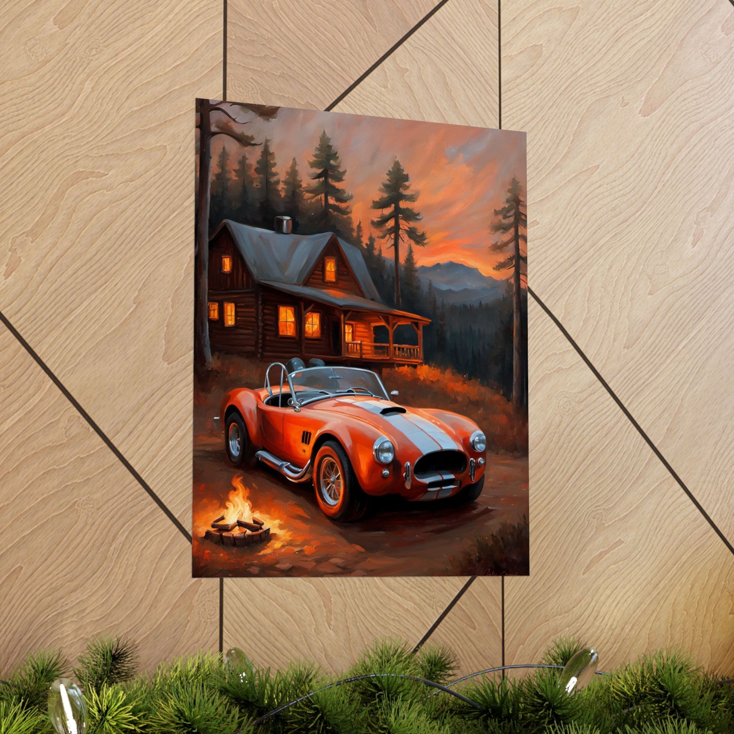 Cozy Mountain Car Poster, Auto Lovers Wall Art, Cabin Decor, Vintage Car Print, Rustic Home Decoration Printify