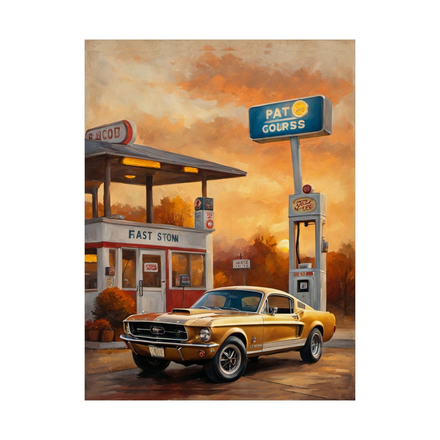 Vintage Gas Station Muscle Car Art Print – 18x24 in Poster
