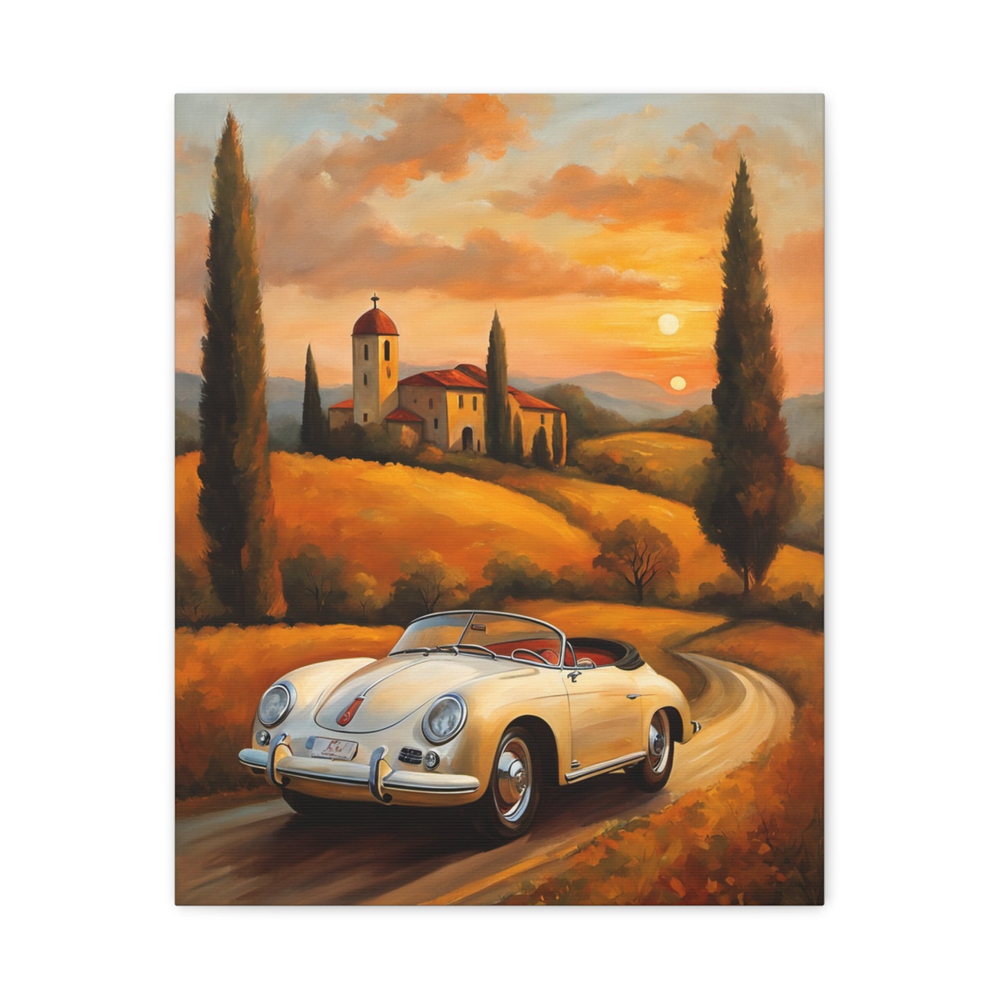 Stretched Canvas Print, Vintage Car Art, Home Decor, Wall Decor, Gift for Car Lovers, Sunset Scene, Art for Living Room