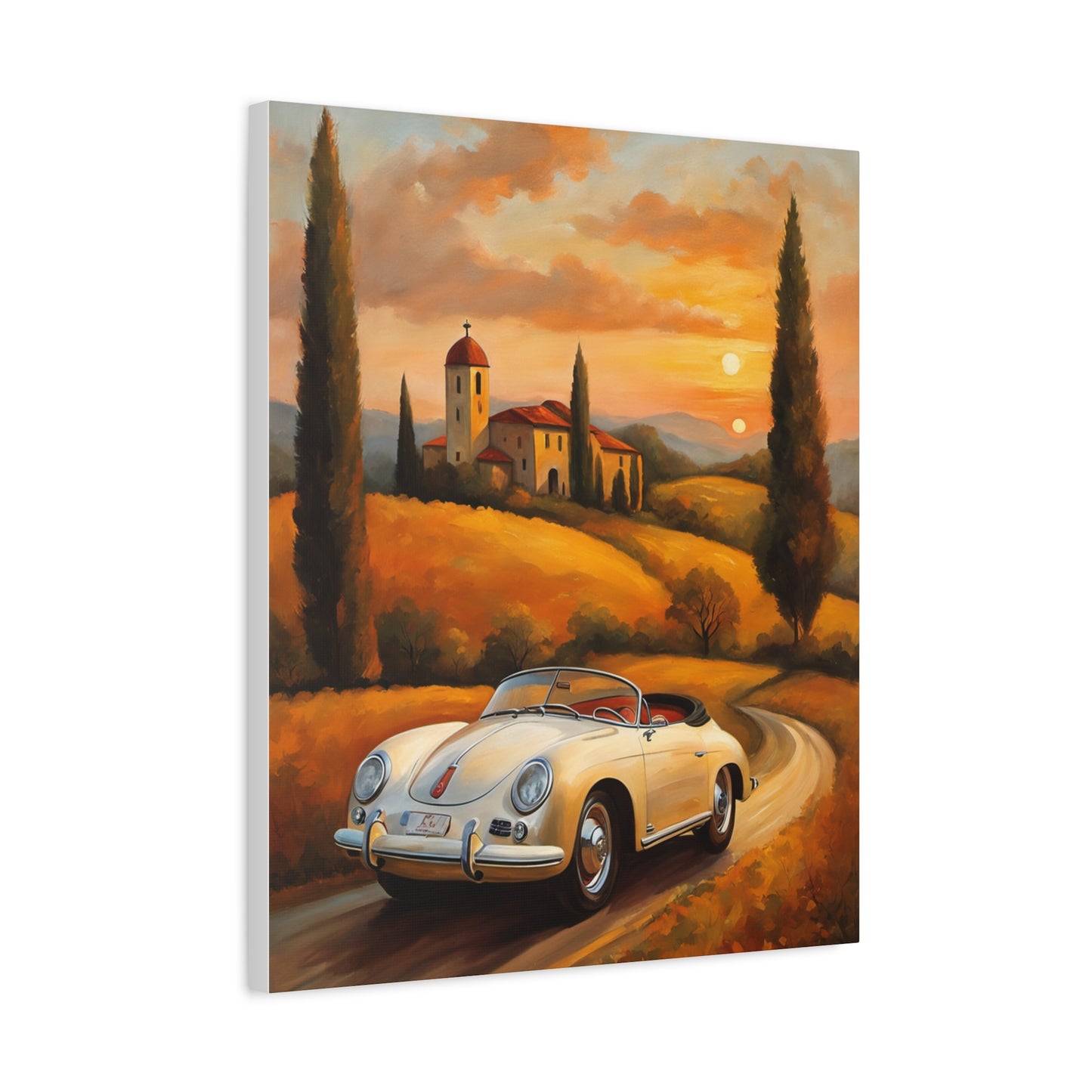 Stretched Canvas Print, Vintage Car Art, Home Decor, Wall Decor, Gift for Car Lovers, Sunset Scene, Art for Living Room