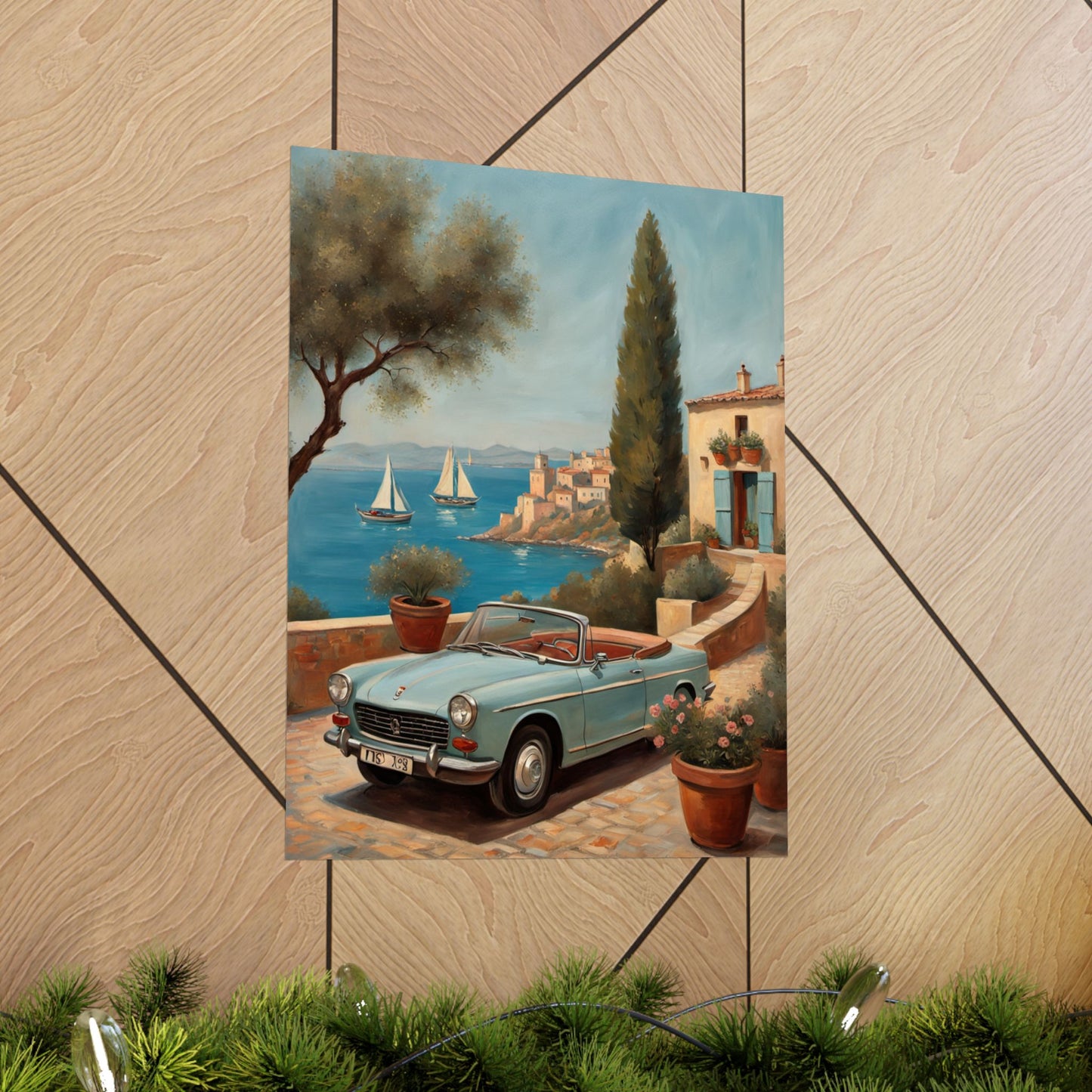 Scenic Vintage Car Art Matte Vertical Posters, Vintage Car Art, Mediterranean Vibes, Home Decor, Wall Art for Travel Lovers Printify