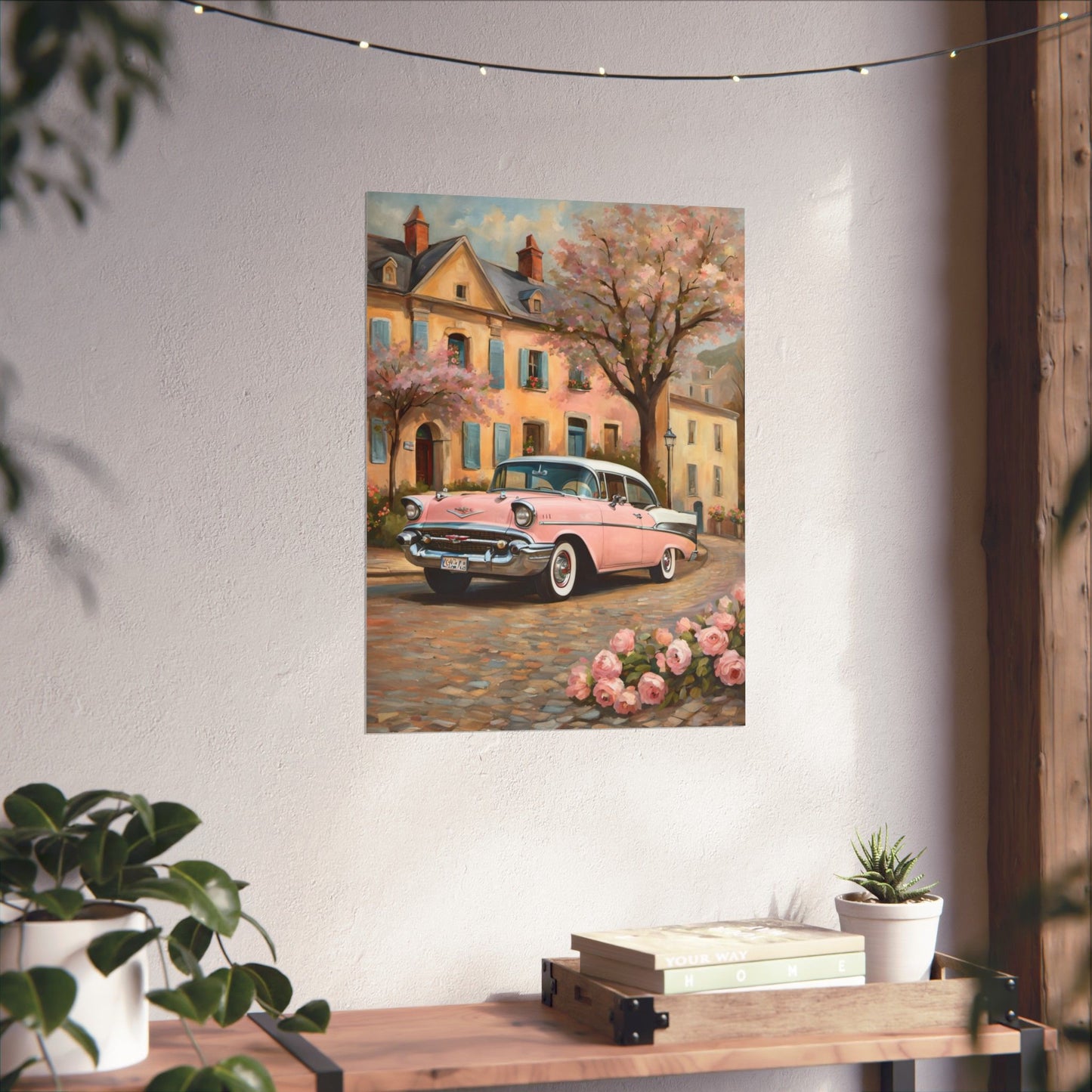 Vintage Car Floral Wall Art, Matte Vertical Posters for Home Decor, Retro Artwork for Living Room, Gift for Car Lovers, Nostalgic Decor