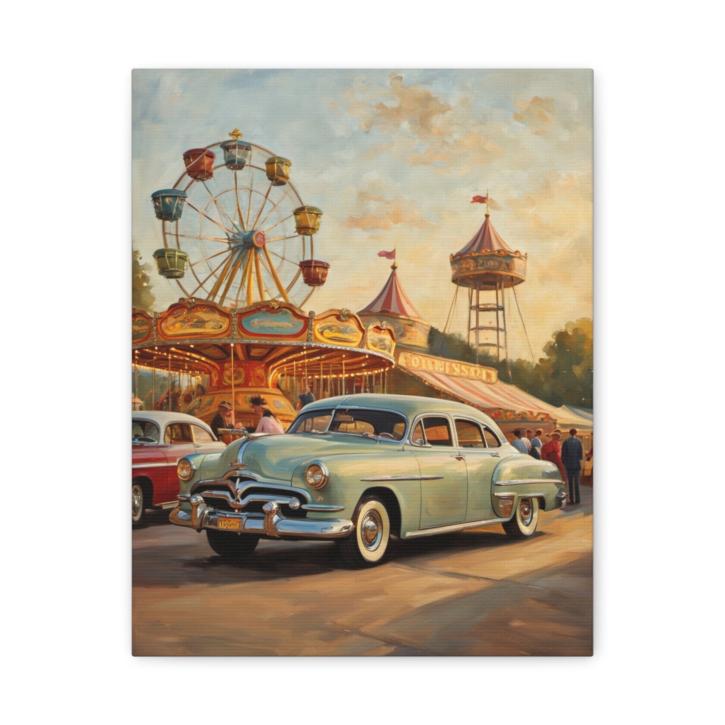 Vintage Carnival Art Canvas Print | Nostalgic Car Decor, 1950s Wall Art, Retro Home Decor, Fairground Artwork, Gift for Car Lovers
