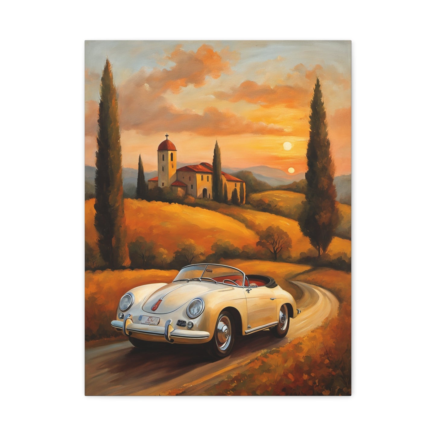 Stretched Canvas Print, Vintage Car Art, Home Decor, Wall Decor, Gift for Car Lovers, Sunset Scene, Art for Living Room