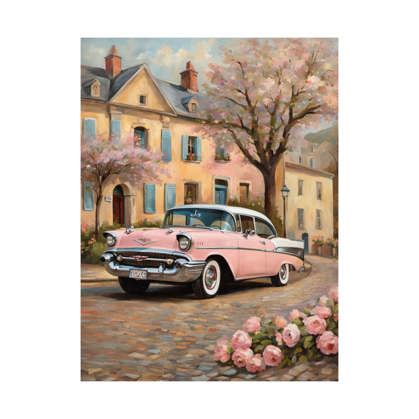 Vintage Car Floral Wall Art, Matte Vertical Posters for Home Decor, Retro Artwork for Living Room, Gift for Car Lovers, Nostalgic Decor