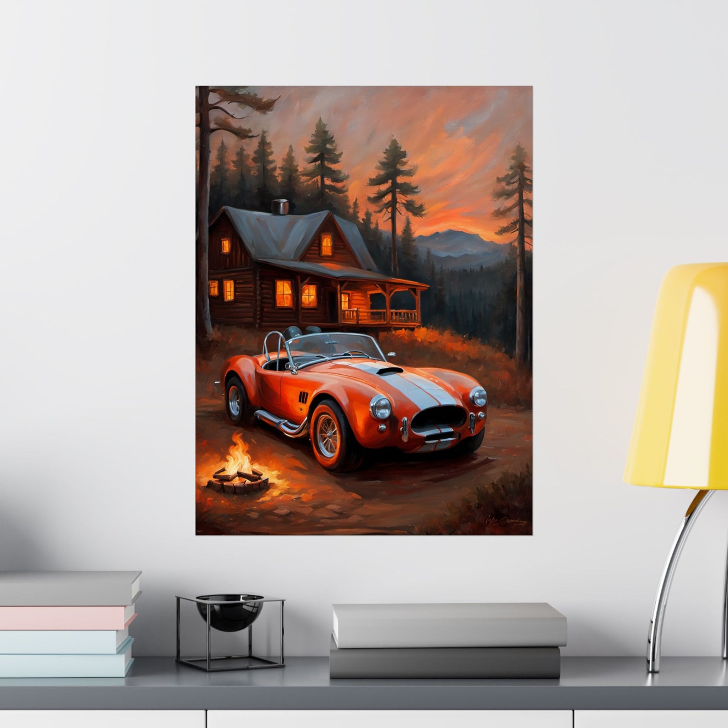 Cozy Mountain Car Poster, Auto Lovers Wall Art, Cabin Decor, Vintage Car Print, Rustic Home Decoration Printify
