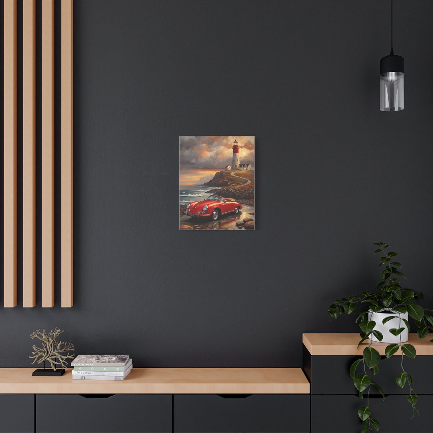 Scenic Canvas Wall Art, Vintage Car, Lighthouse Decor, Nautical Home Design, Coastal Art, Gift for Car Lovers