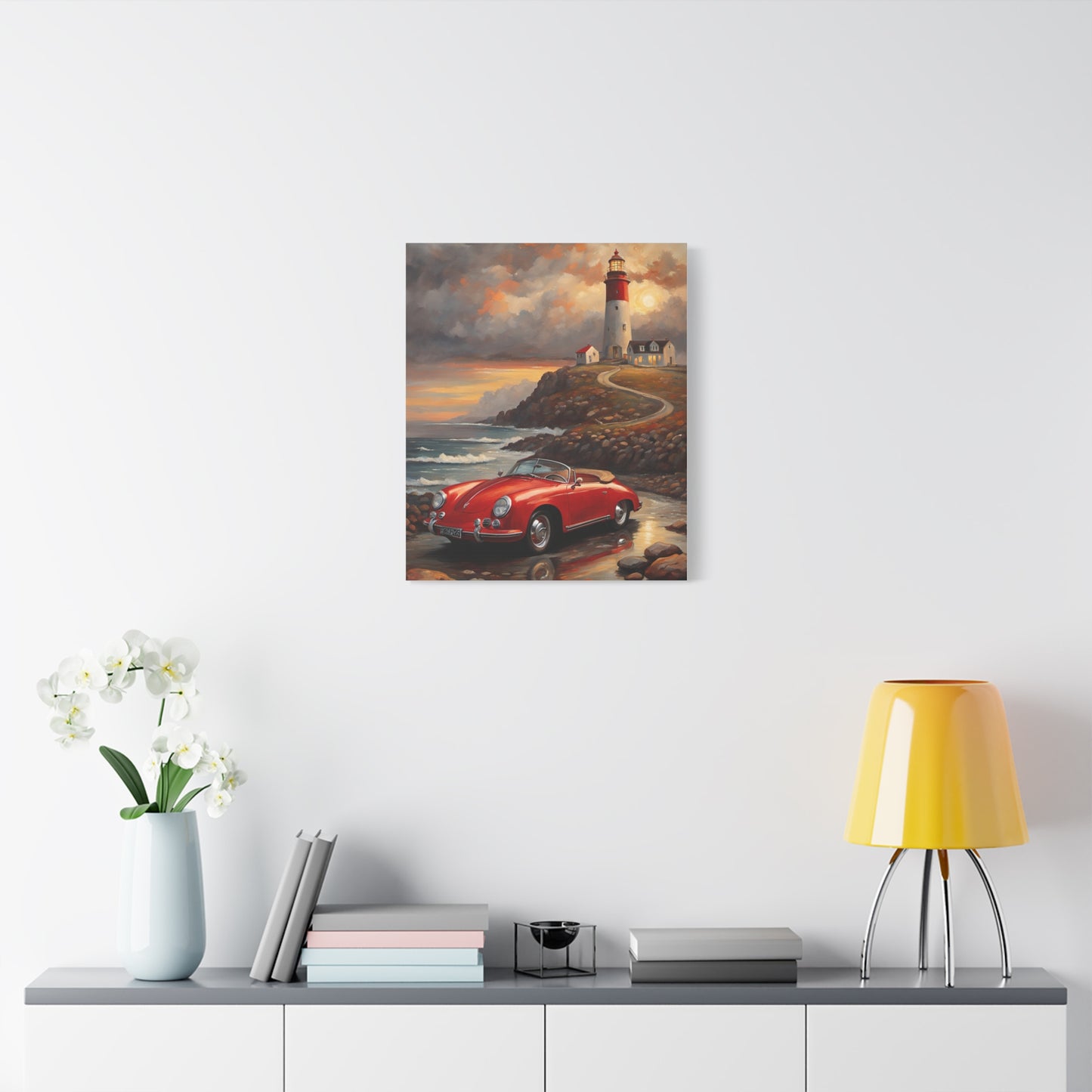 Scenic Canvas Wall Art, Vintage Car, Lighthouse Decor, Nautical Home Design, Coastal Art, Gift for Car Lovers