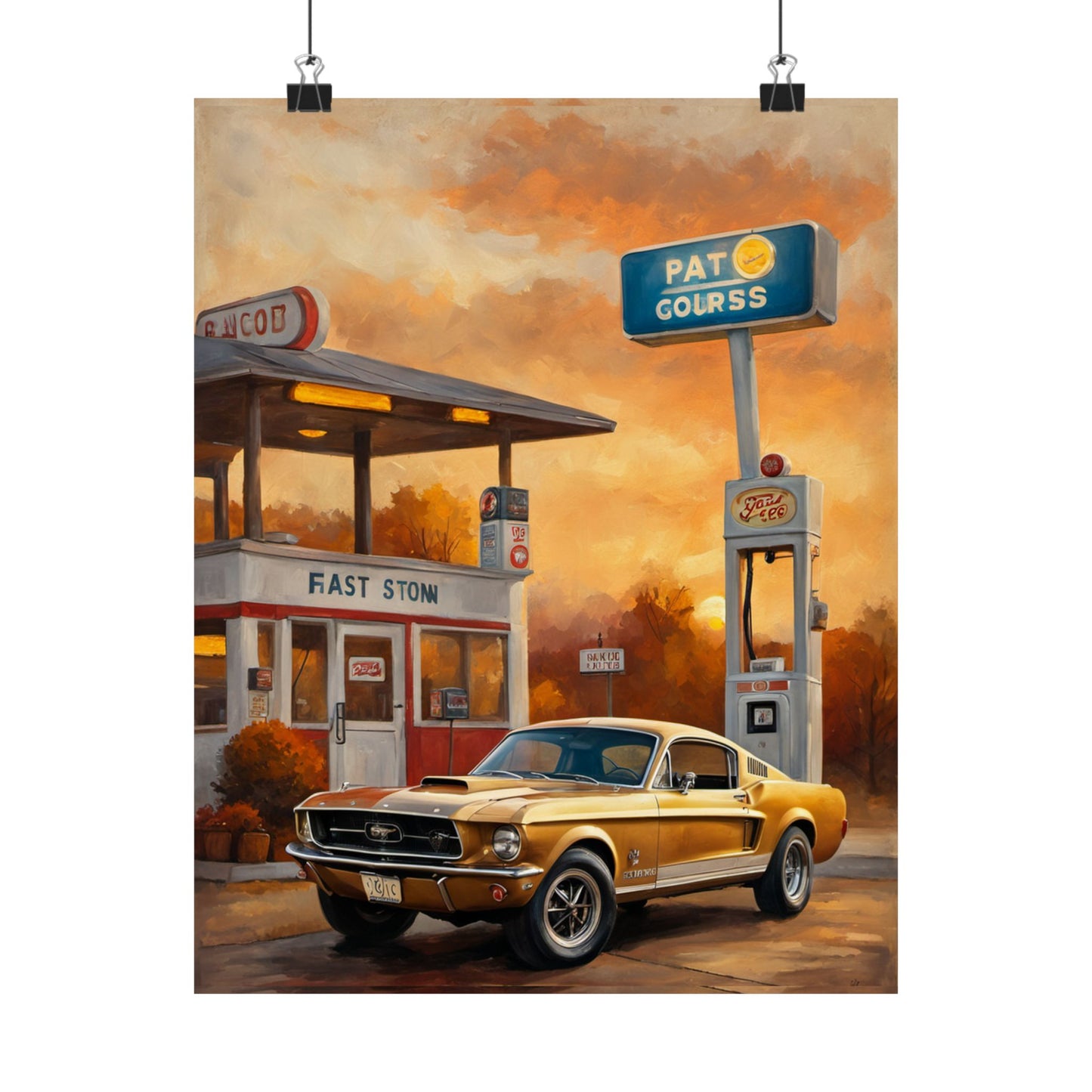 Vintage Gas Station Muscle Car Art Print – 18x24 in Poster