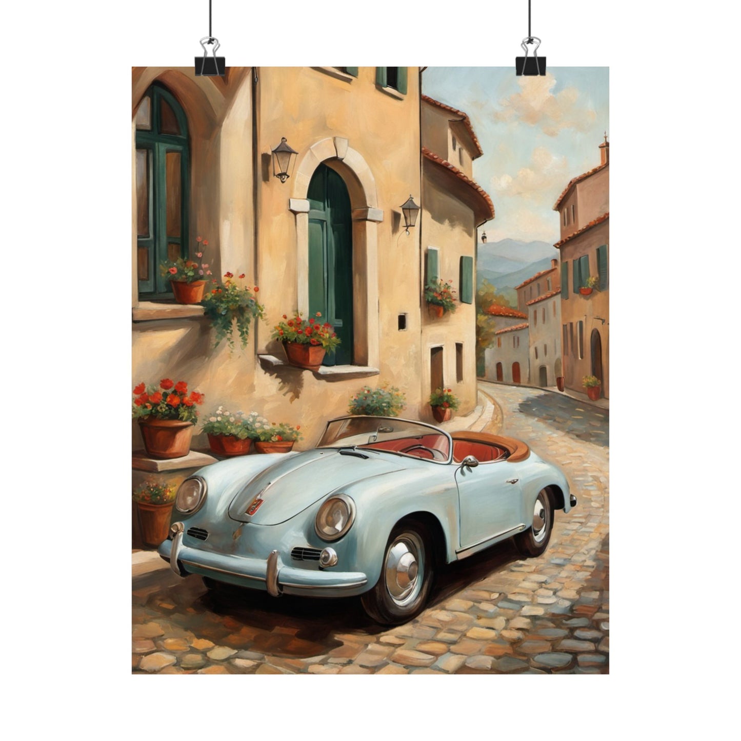 Vintage Car Art Print, Matte Vertical Poster, Wall Decor, Home Decoration, Gift for Car Lovers, Italian Landscape Art