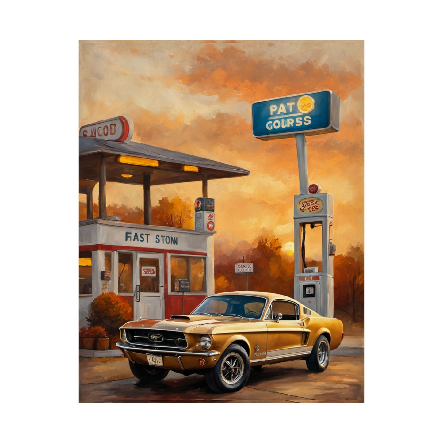 Vintage Gas Station Muscle Car Art Print – 18x24 in Poster
