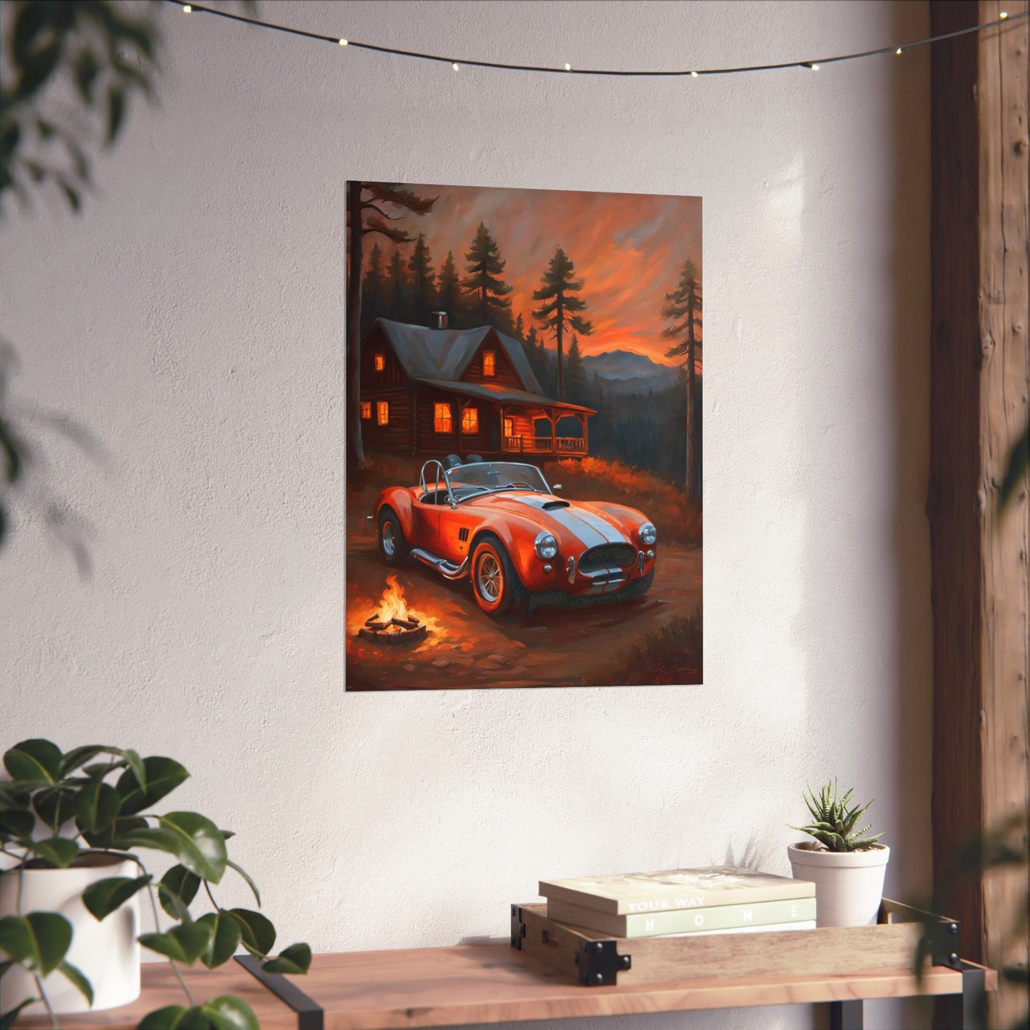 Cozy Mountain Car Poster, Auto Lovers Wall Art, Cabin Decor, Vintage Car Print, Rustic Home Decoration Printify