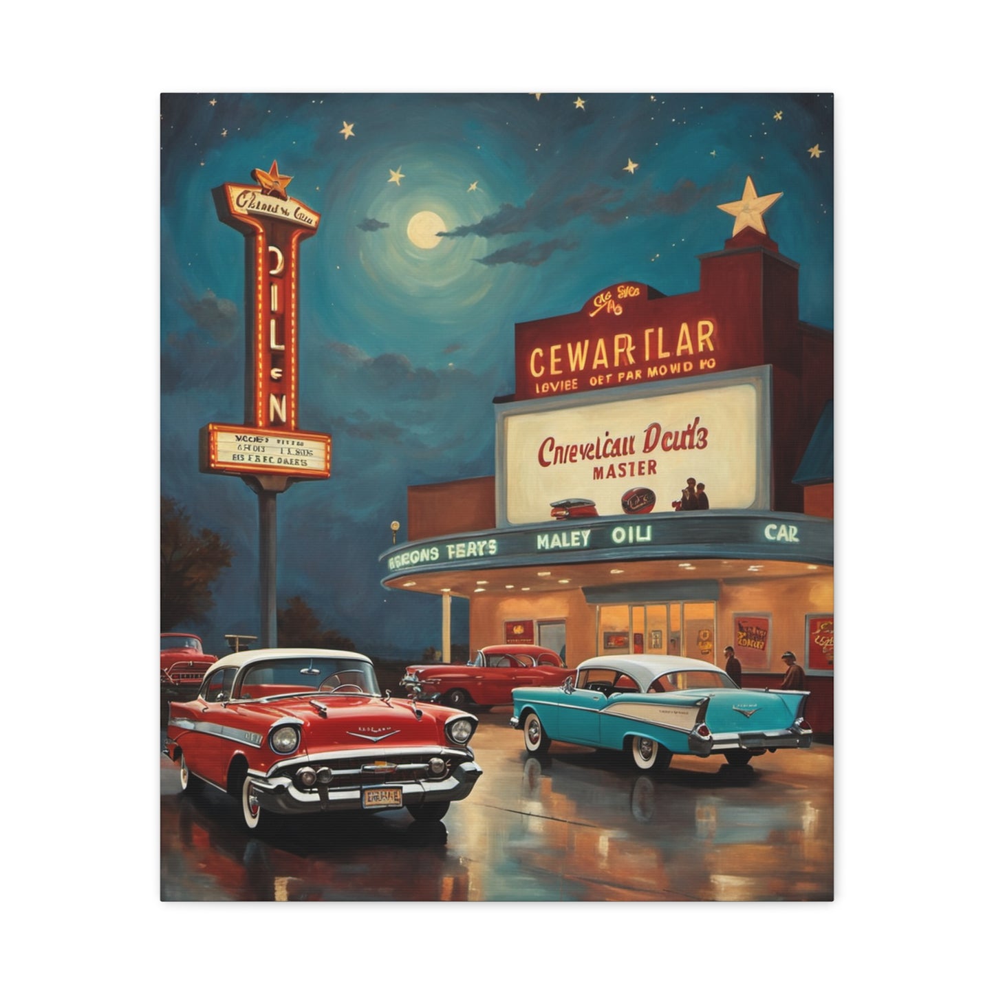 Retro Movie Theater Canvas Print, Vintage Art, Home Decor, Wall Art, Nostalgic Gift, Cinema Decor, Gift for Car Lovers