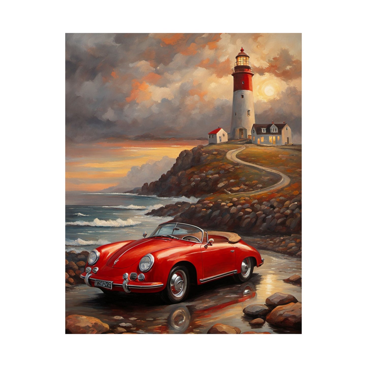 Vintage Car Lighthouse Poster, Coastal Wall Art, Home Decor, Unique Gift for Car Lovers, Nautical Wall Art, Retro Aesthetic