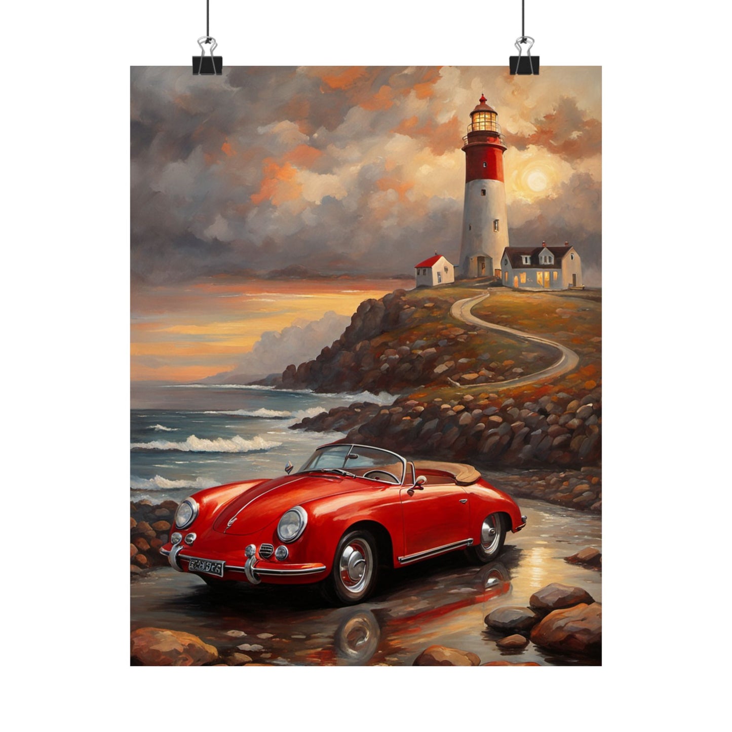 Vintage Car Lighthouse Poster, Coastal Wall Art, Home Decor, Unique Gift for Car Lovers, Nautical Wall Art, Retro Aesthetic