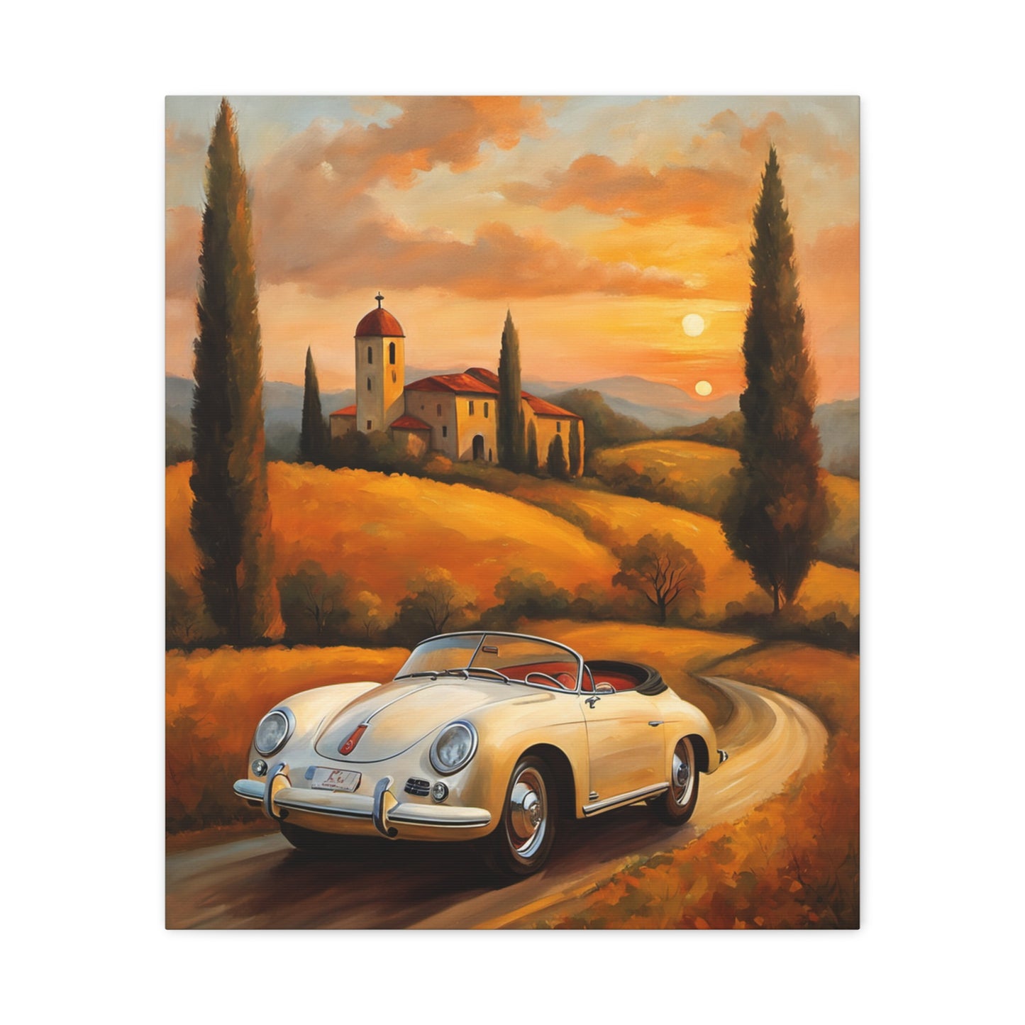 Stretched Canvas Print, Vintage Car Art, Home Decor, Wall Decor, Gift for Car Lovers, Sunset Scene, Art for Living Room