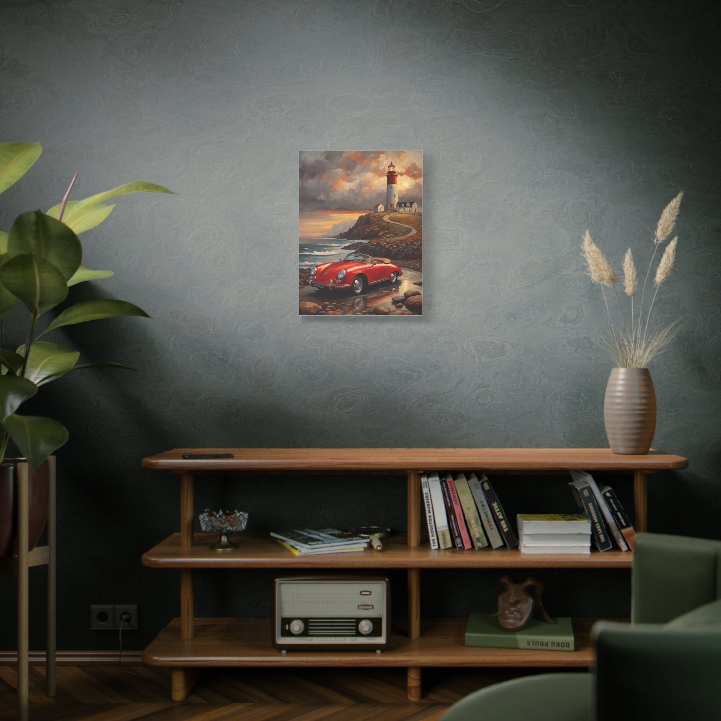 Scenic Canvas Wall Art, Vintage Car, Lighthouse Decor, Nautical Home Design, Coastal Art, Gift for Car Lovers