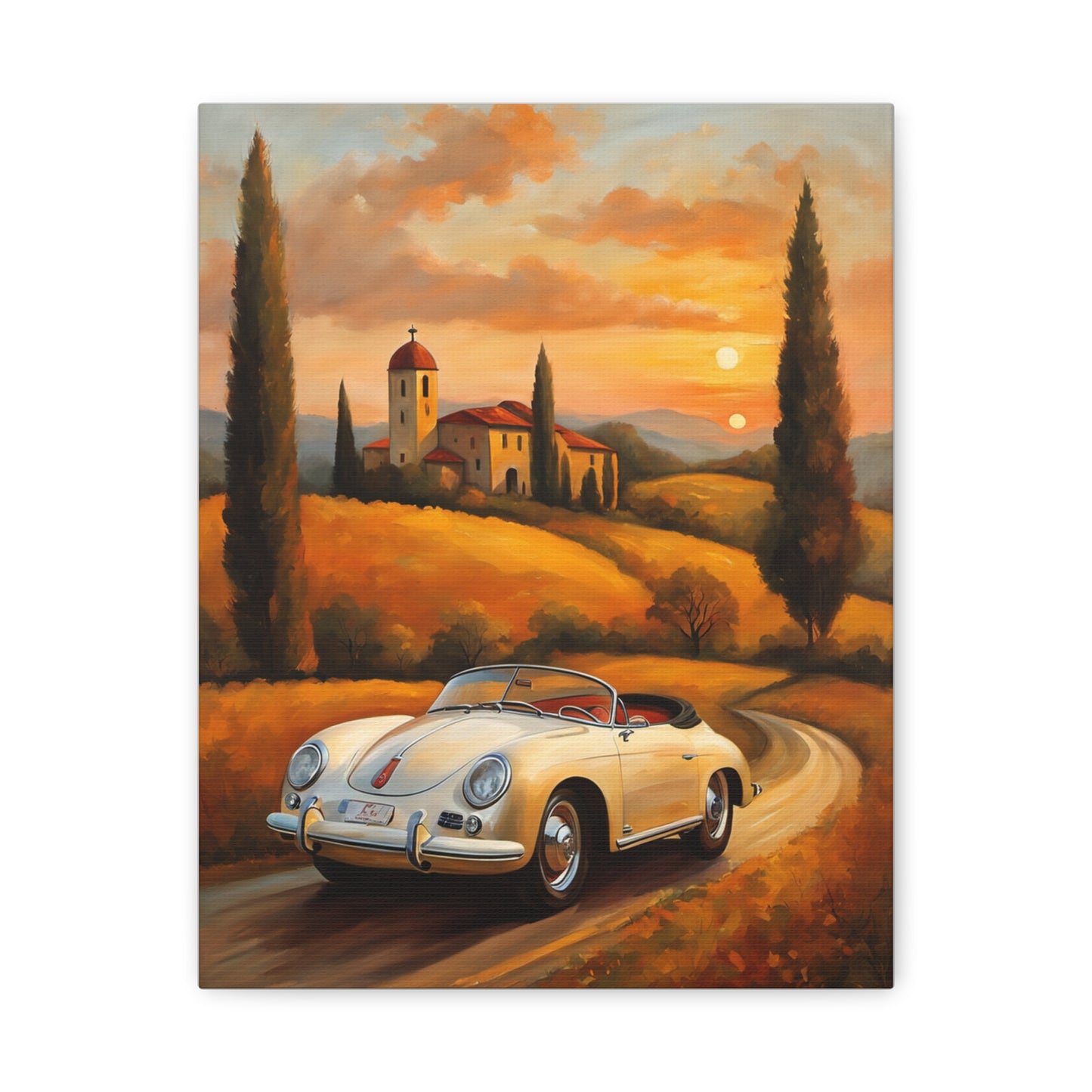 Stretched Canvas Print, Vintage Car Art, Home Decor, Wall Decor, Gift for Car Lovers, Sunset Scene, Art for Living Room