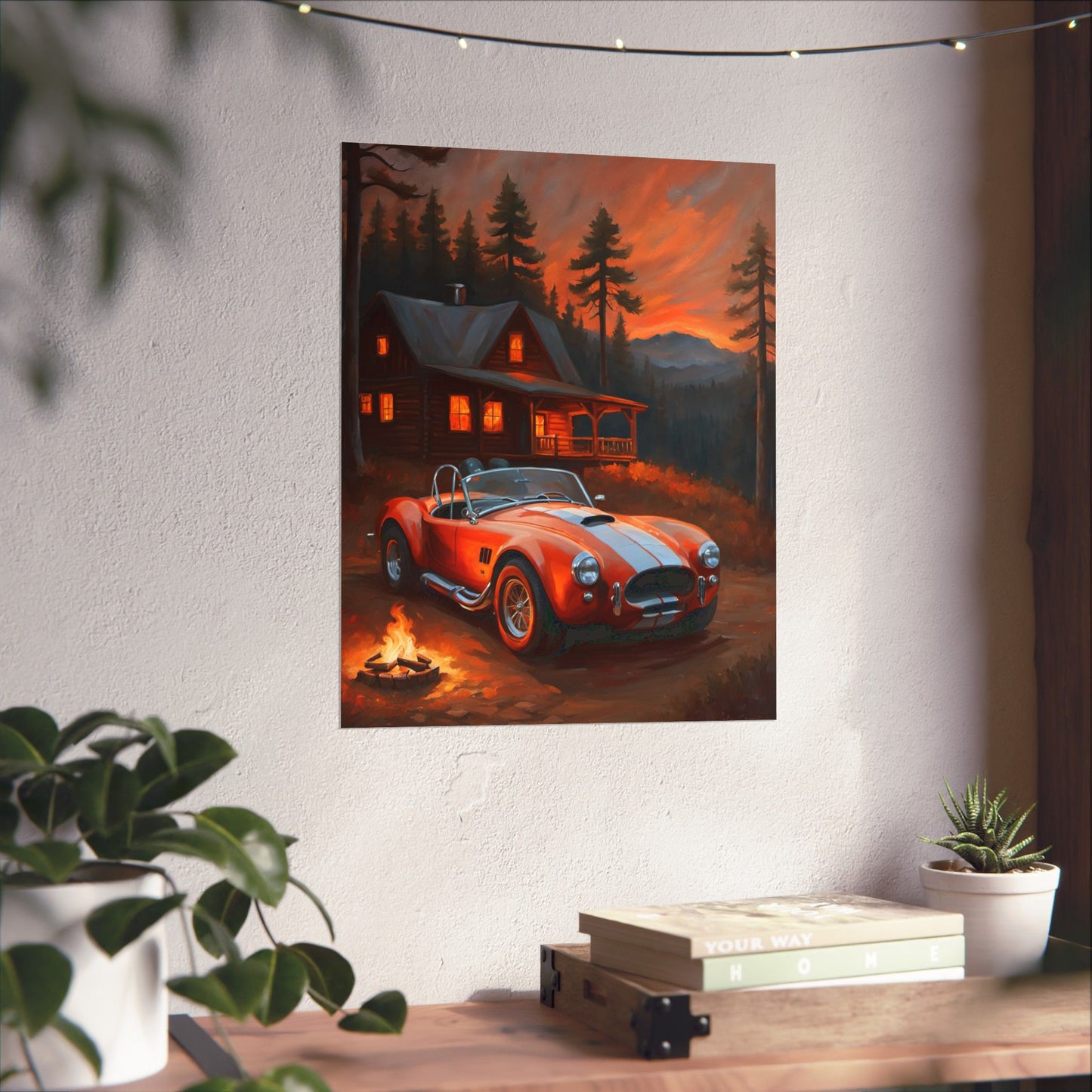 Cozy Mountain Car Poster, Auto Lovers Wall Art, Cabin Decor, Vintage Car Print, Rustic Home Decoration Printify