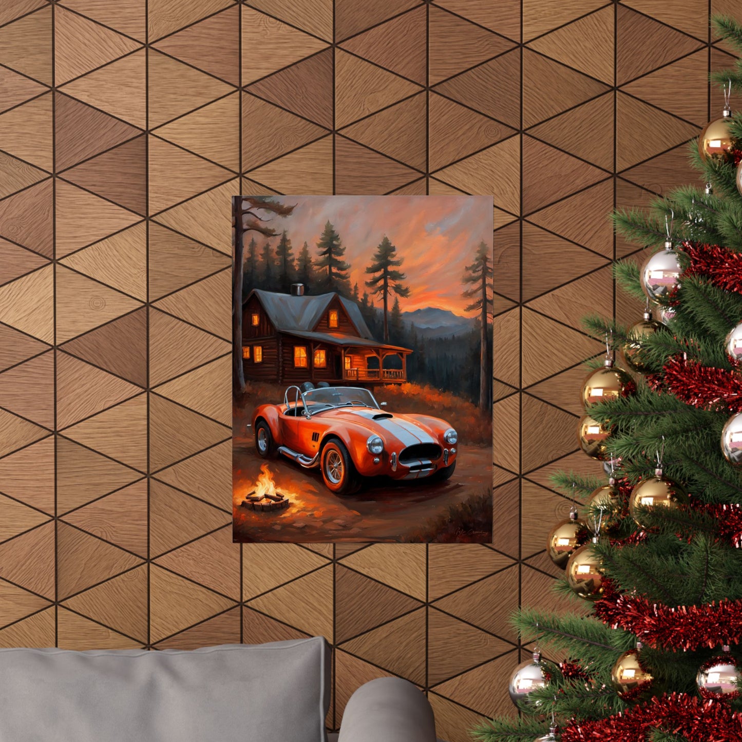 Cozy Mountain Car Poster, Auto Lovers Wall Art, Cabin Decor, Vintage Car Print, Rustic Home Decoration Printify