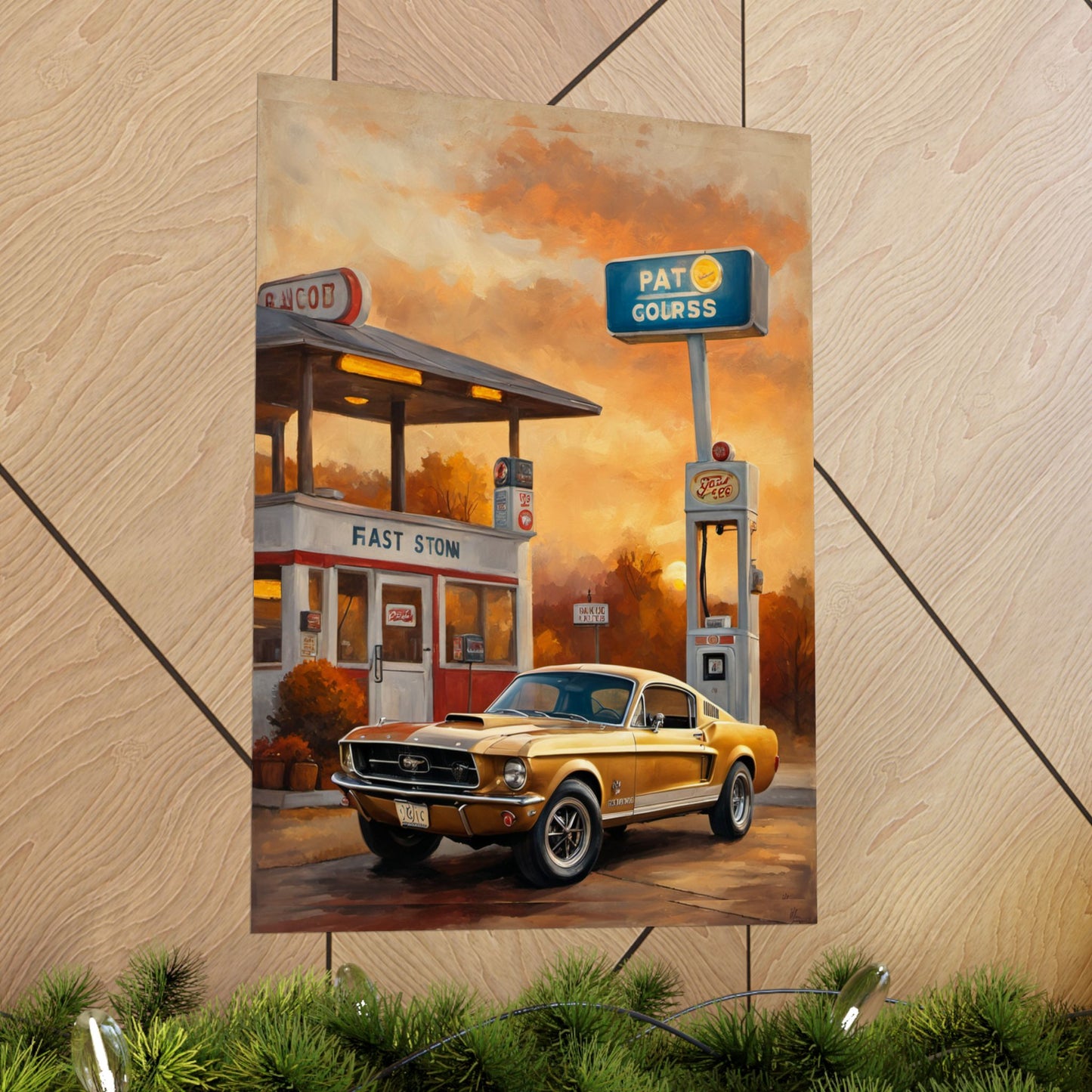 Vintage Gas Station Muscle Car Art Print – 18x24 in Poster