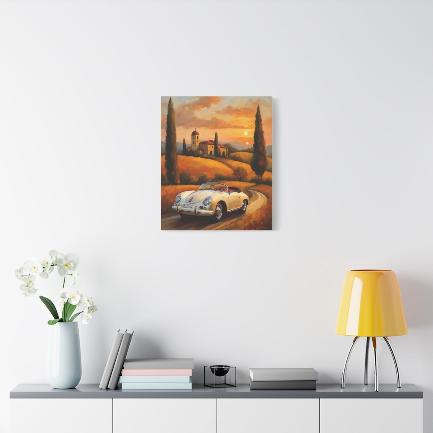 Stretched Canvas Print, Vintage Car Art, Home Decor, Wall Decor, Gift for Car Lovers, Sunset Scene, Art for Living Room