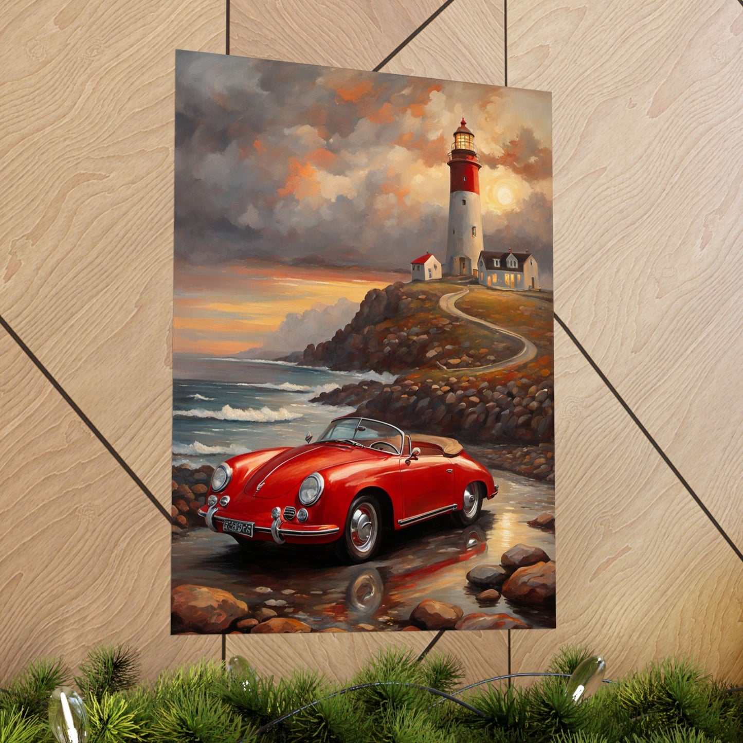 Vintage Car Lighthouse Poster, Coastal Wall Art, Home Decor, Unique Gift for Car Lovers, Nautical Wall Art, Retro Aesthetic