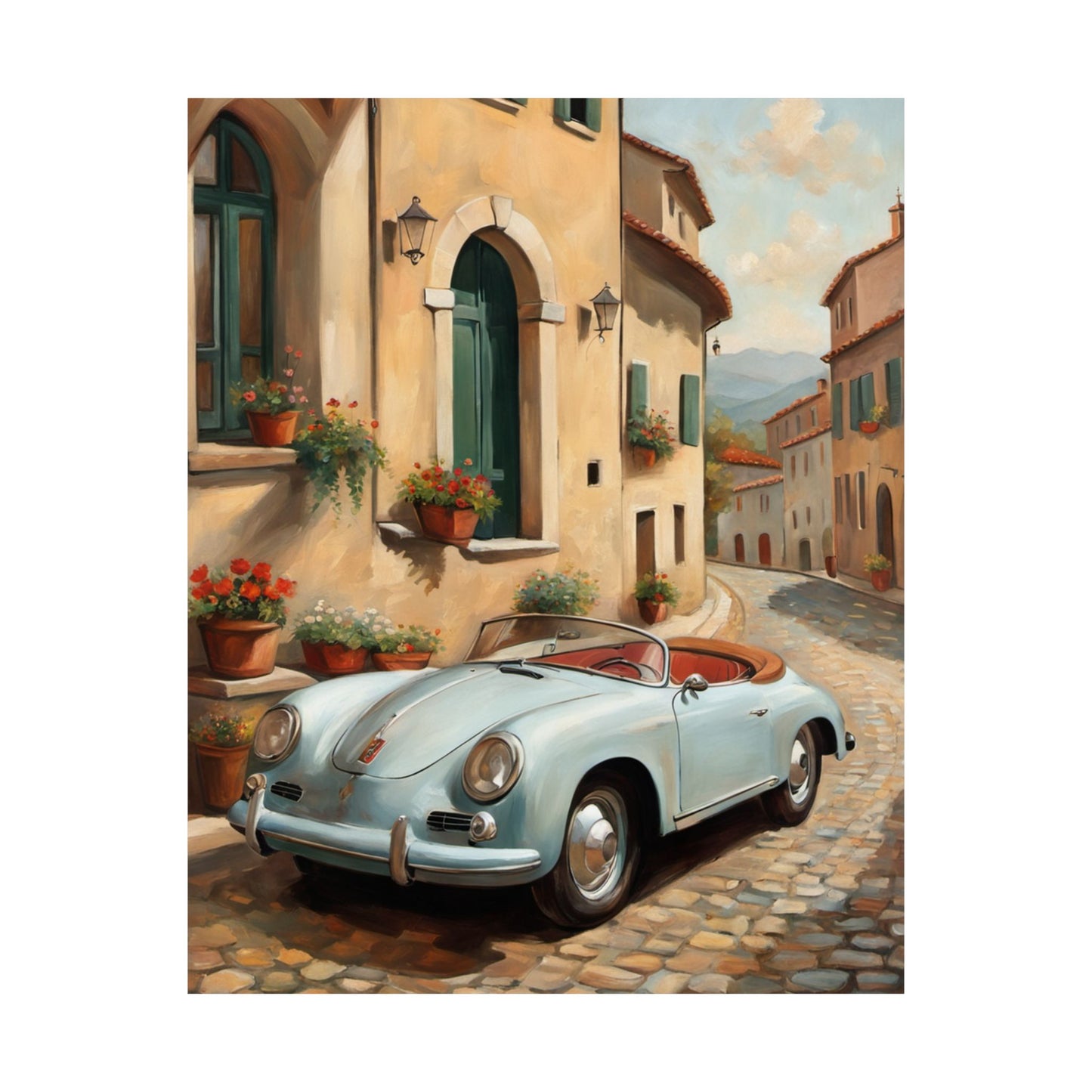 Vintage Car Art Print, Matte Vertical Poster, Wall Decor, Home Decoration, Gift for Car Lovers, Italian Landscape Art