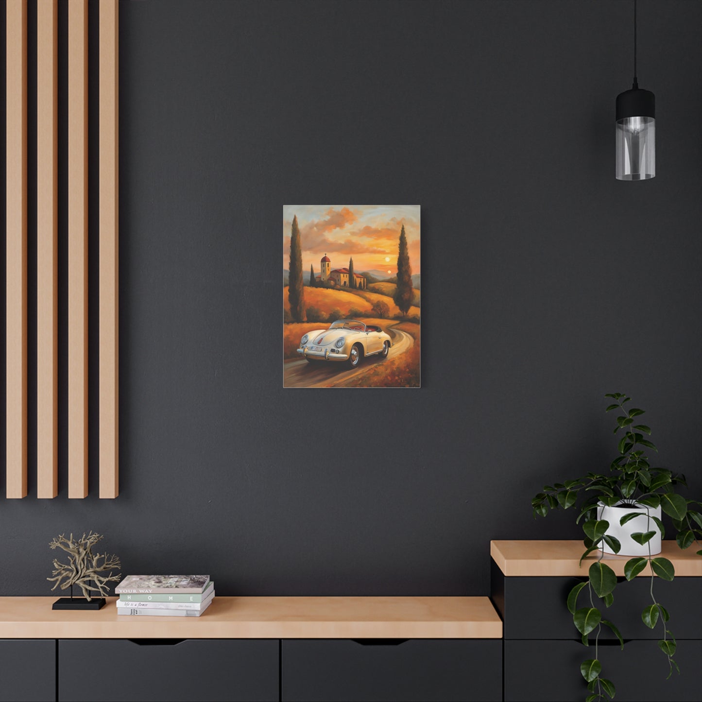 Stretched Canvas Print, Vintage Car Art, Home Decor, Wall Decor, Gift for Car Lovers, Sunset Scene, Art for Living Room