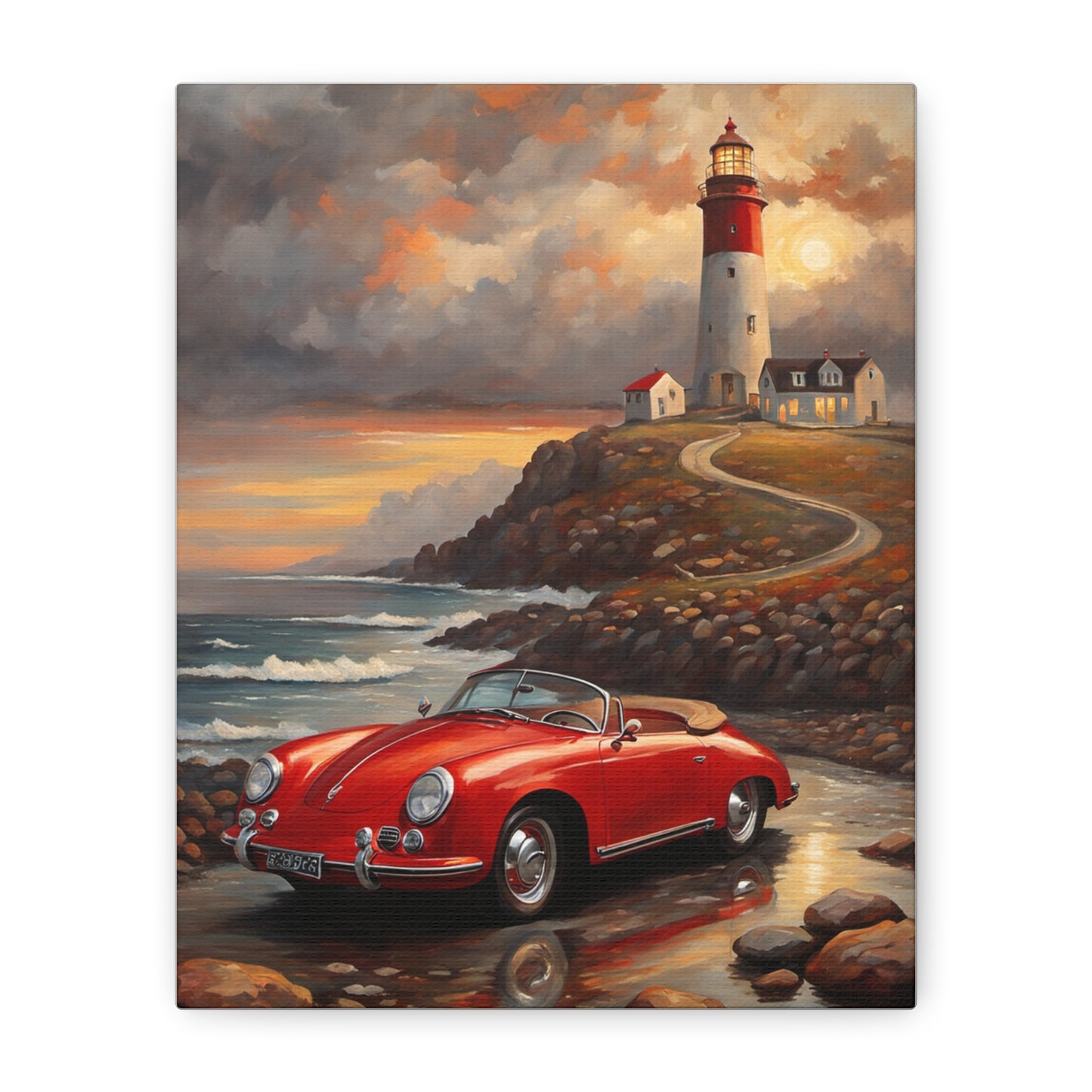 Scenic Canvas Wall Art, Vintage Car, Lighthouse Decor, Nautical Home Design, Coastal Art, Gift for Car Lovers