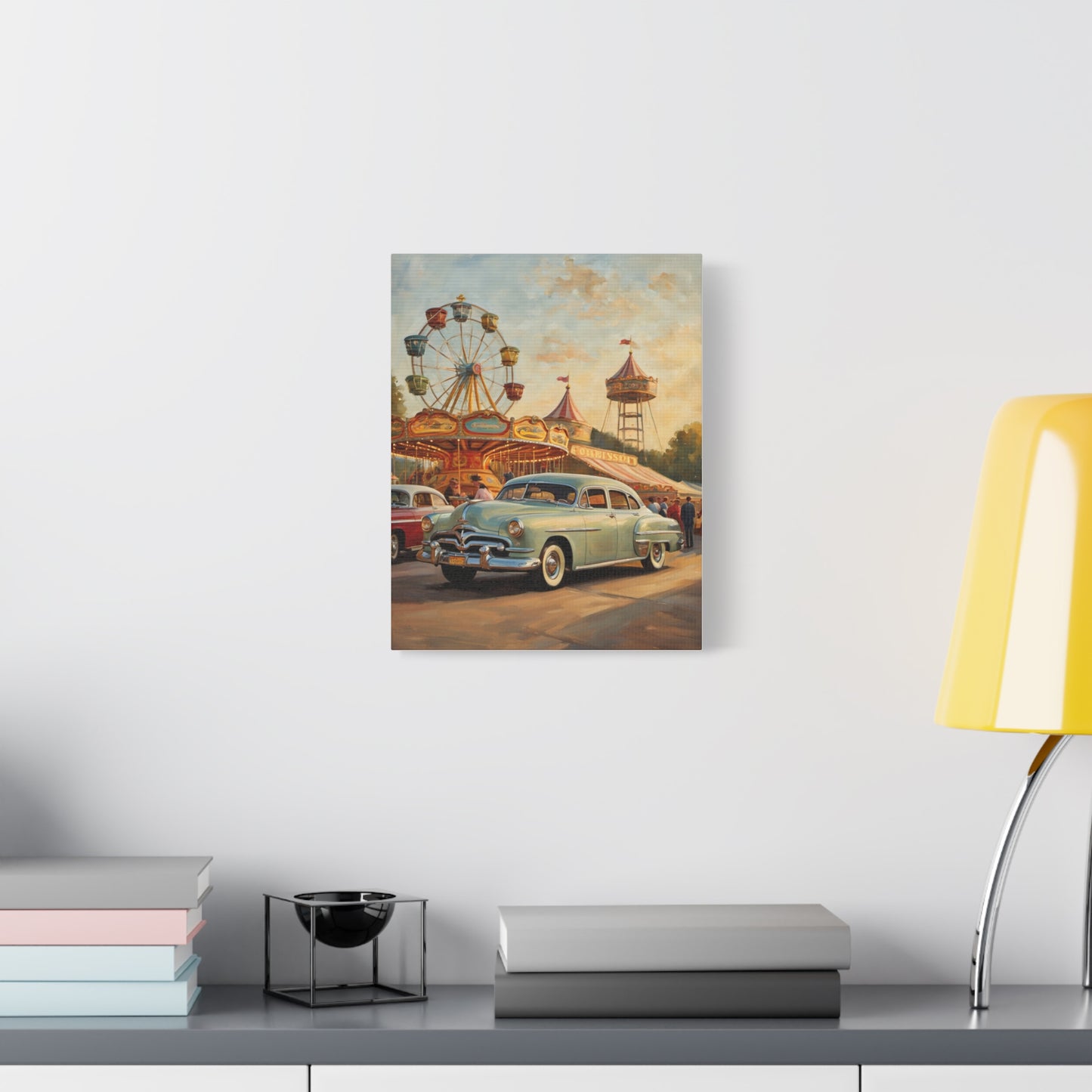 Vintage Carnival Art Canvas Print | Nostalgic Car Decor, 1950s Wall Art, Retro Home Decor, Fairground Artwork, Gift for Car Lovers
