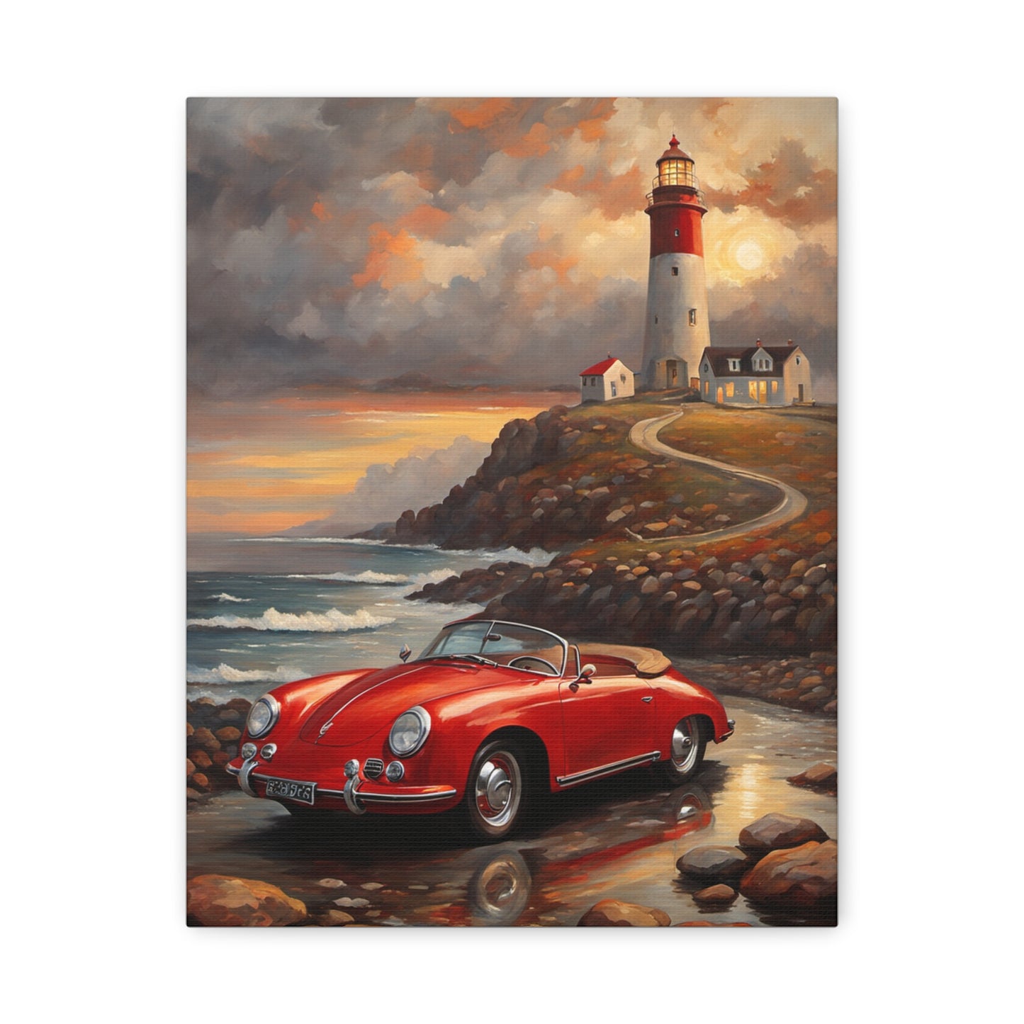 Scenic Canvas Wall Art, Vintage Car, Lighthouse Decor, Nautical Home Design, Coastal Art, Gift for Car Lovers