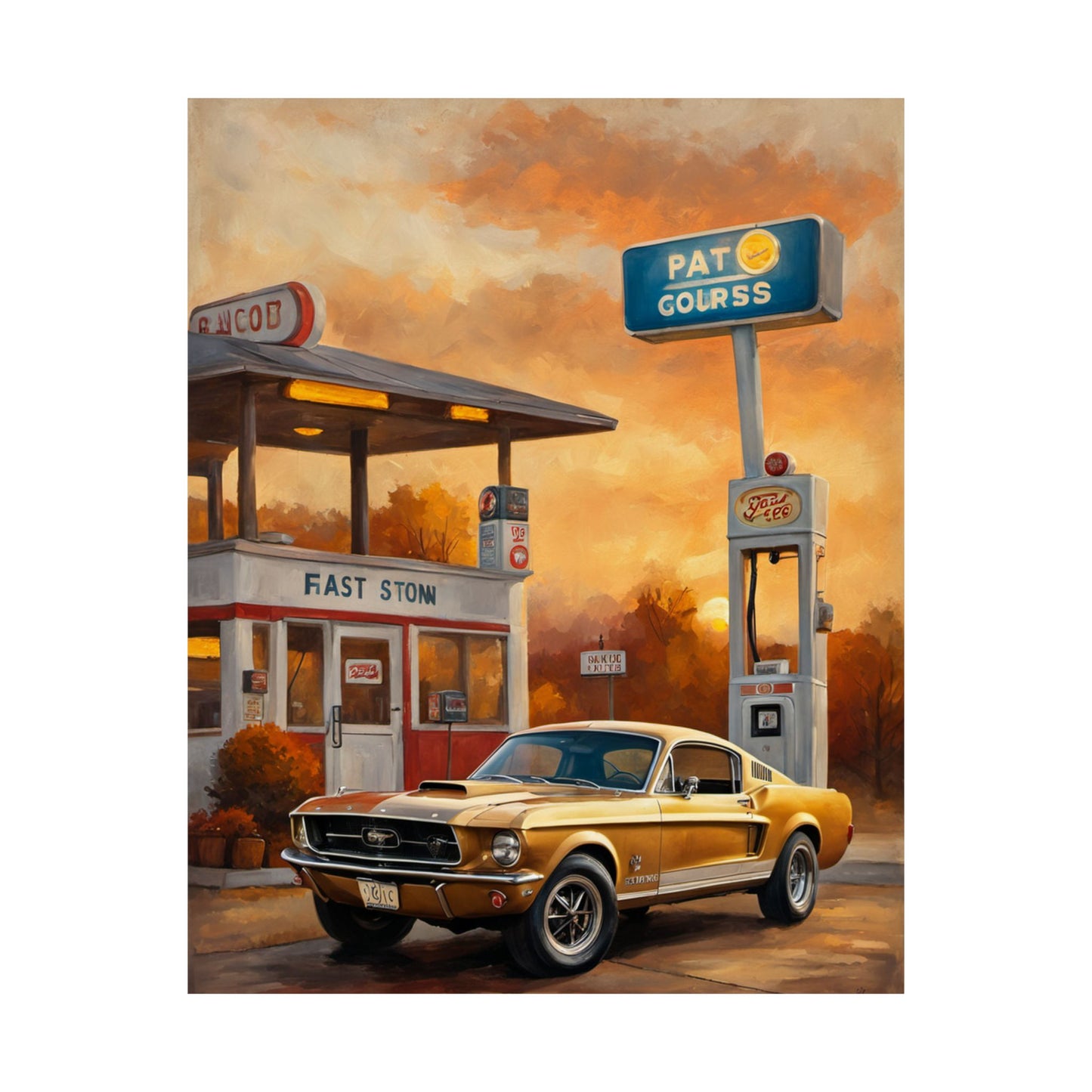 Vintage Gas Station Muscle Car Art Print – 18x24 in Poster