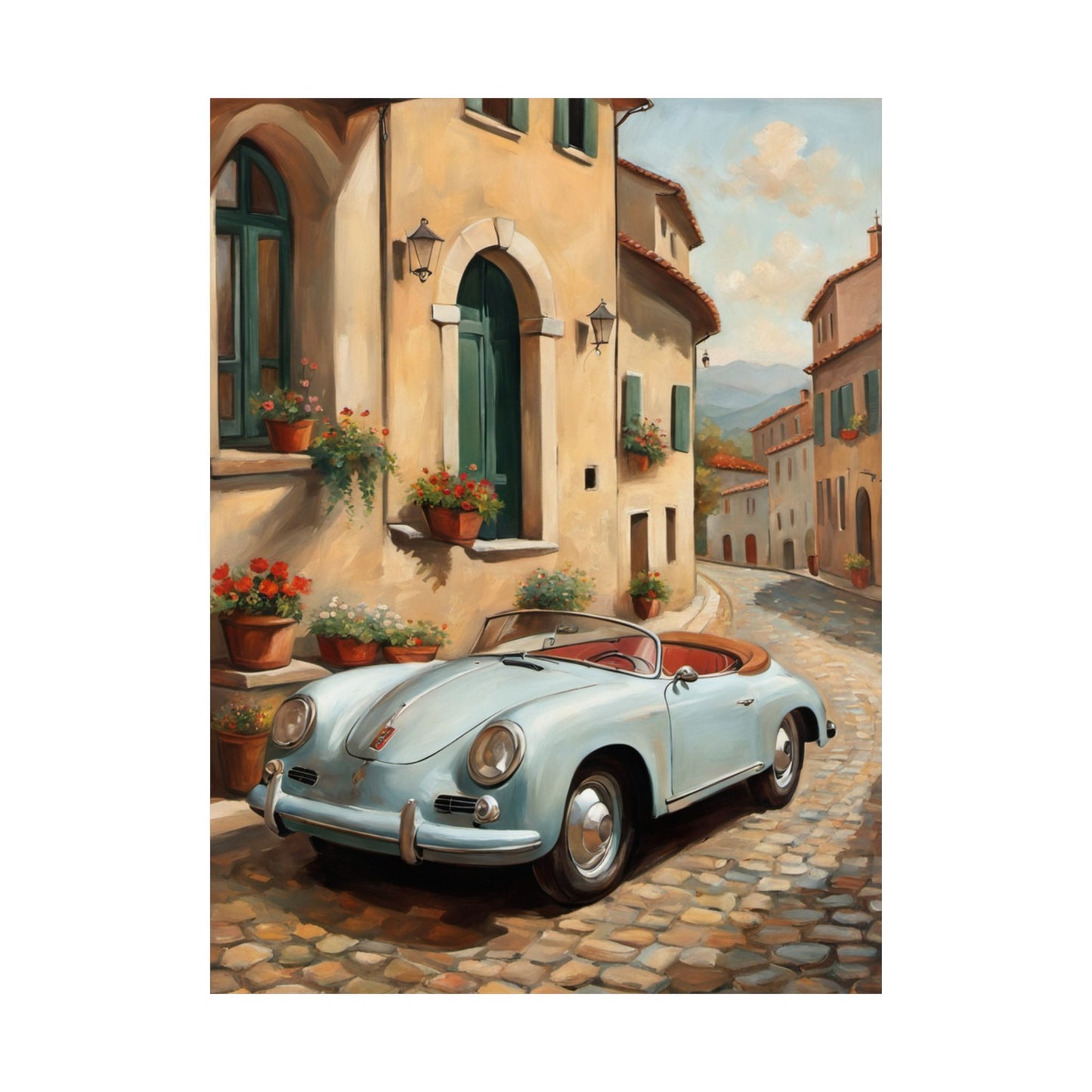 Vintage Car Art Print, Matte Vertical Poster, Wall Decor, Home Decoration, Gift for Car Lovers, Italian Landscape Art