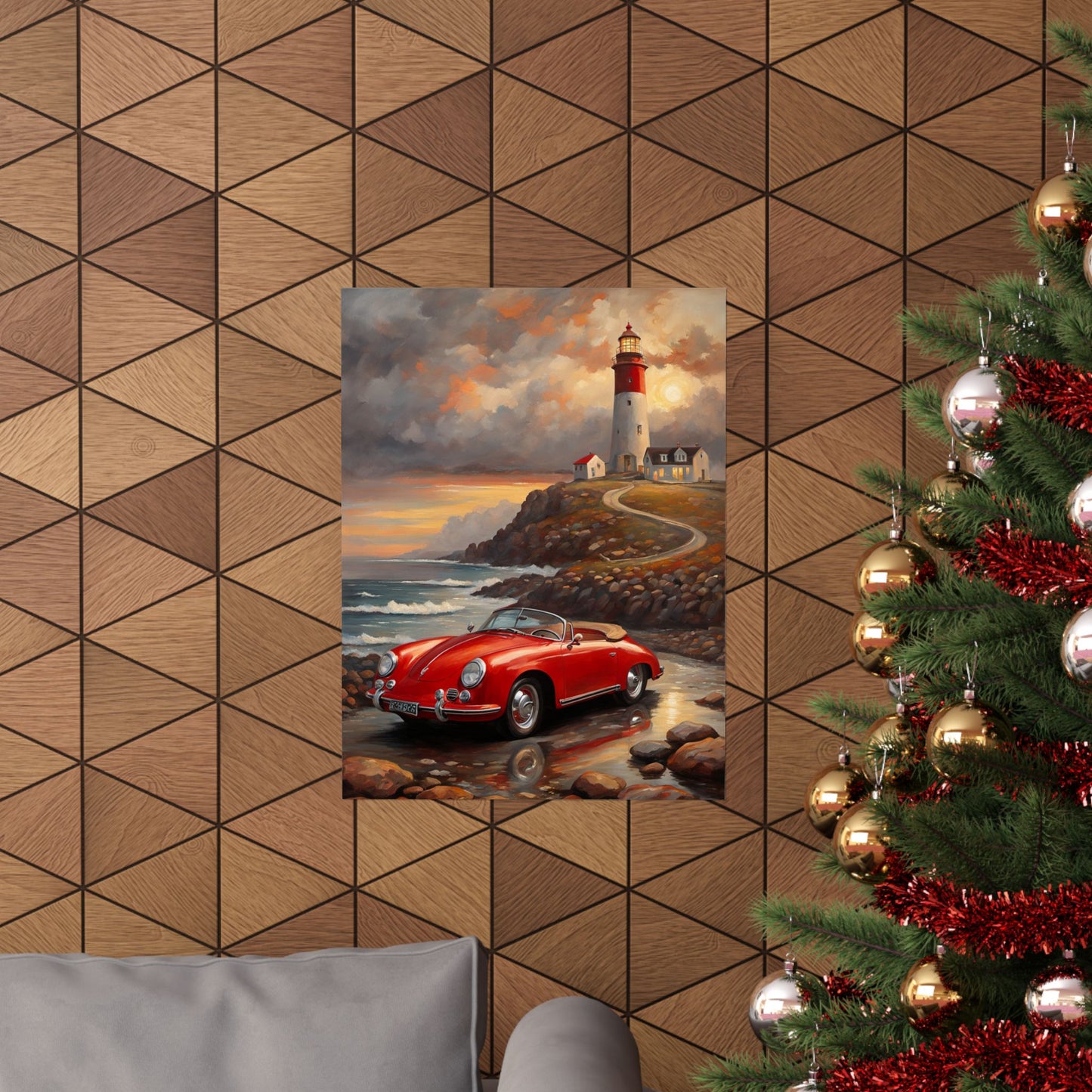 Vintage Car Lighthouse Poster, Coastal Wall Art, Home Decor, Unique Gift for Car Lovers, Nautical Wall Art, Retro Aesthetic