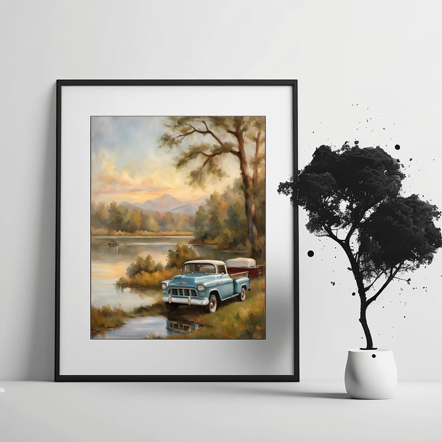 Framed 1950s lakeside painting featuring a vintage blue truck by a calm lake with trees and mountains