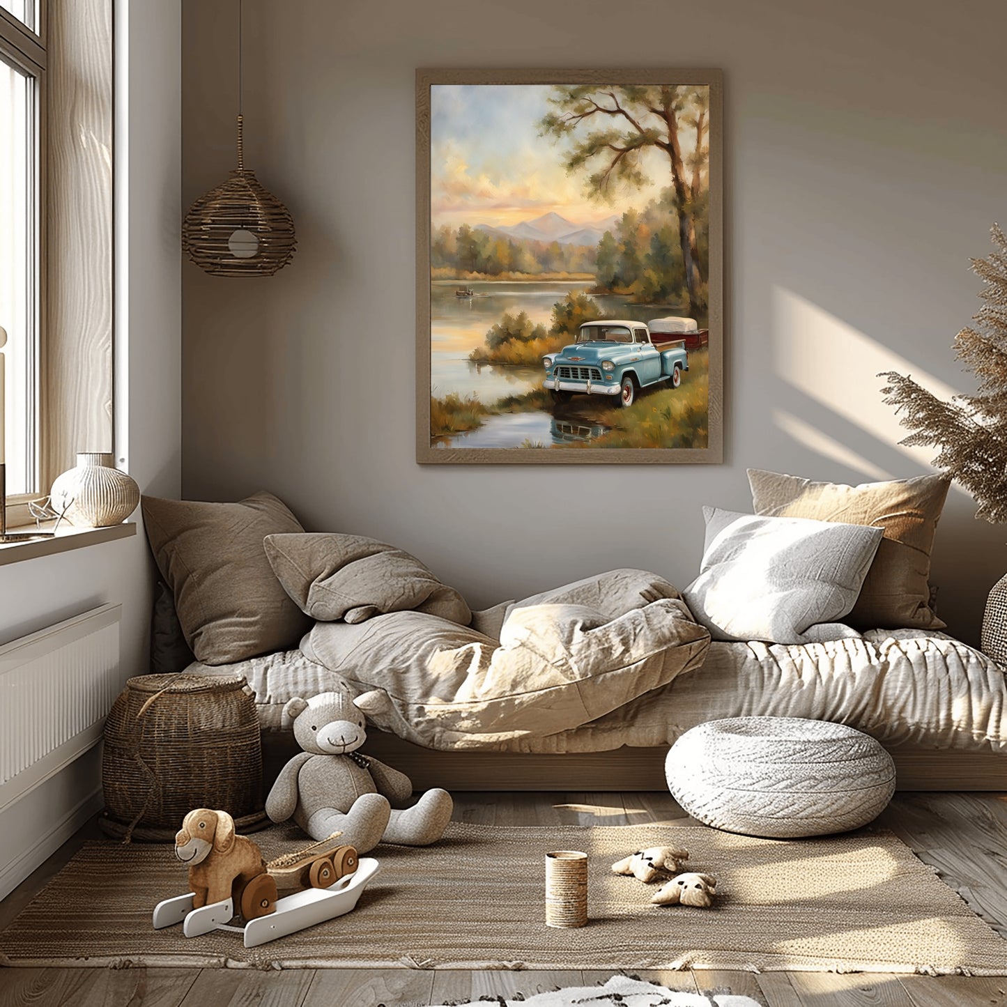 1950s lakeside painting of vintage truck by calm lake in cozy neutral-toned living room