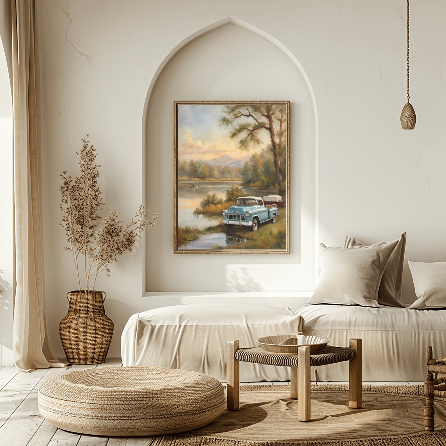 1950s lakeside painting by AquilVision featuring vintage truck parked near a calm lake in a cozy modern living room