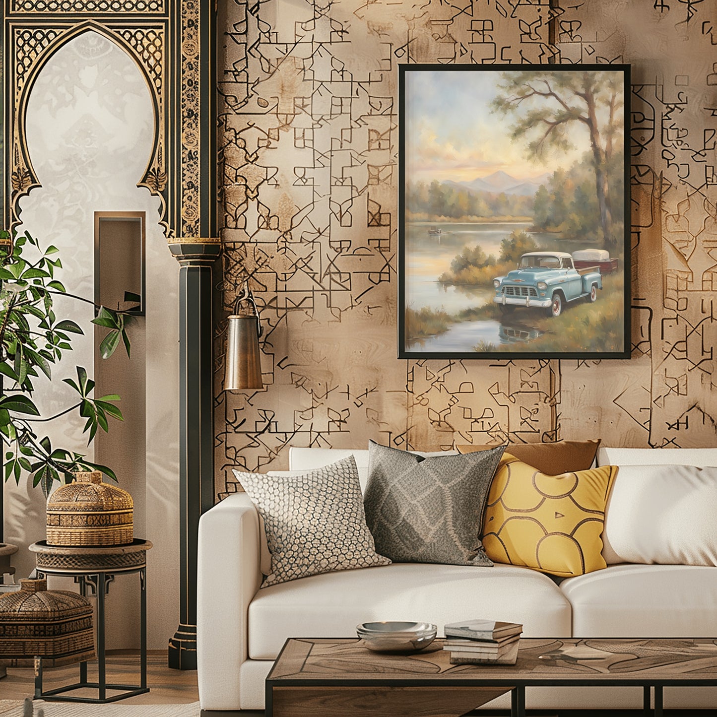 1950s lakeside painting of vintage trucks hanging on patterned wall above white sofa in stylish living room