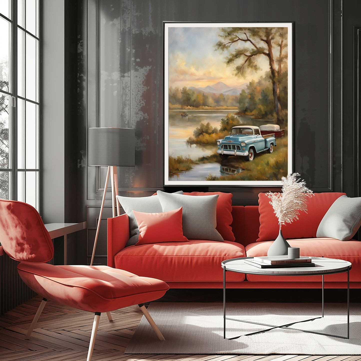 1950s lakeside painting of vintage blue truck by water, displayed above modern red sofa in living room