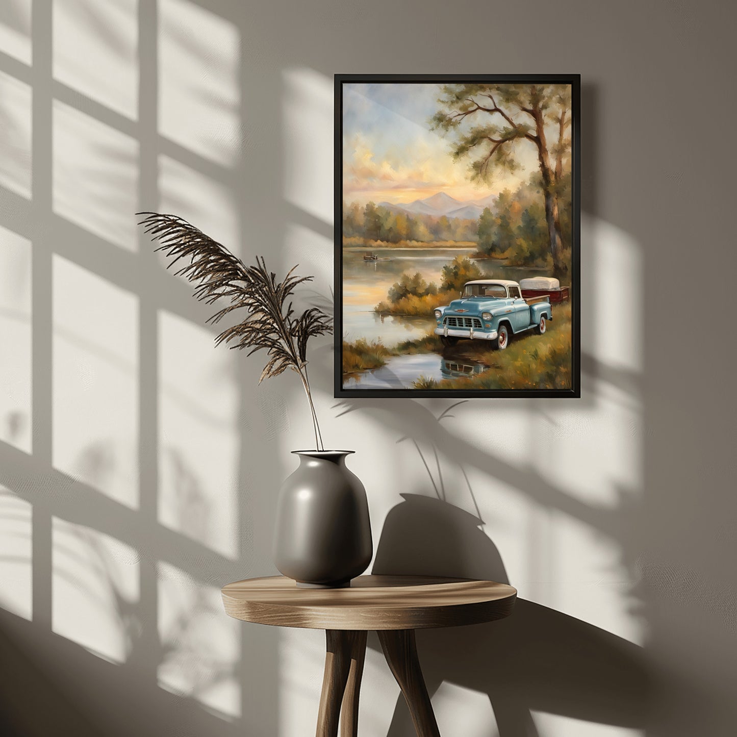 1950s lakeside painting by AquilVision featuring a vintage blue truck by the water with trees and mountains