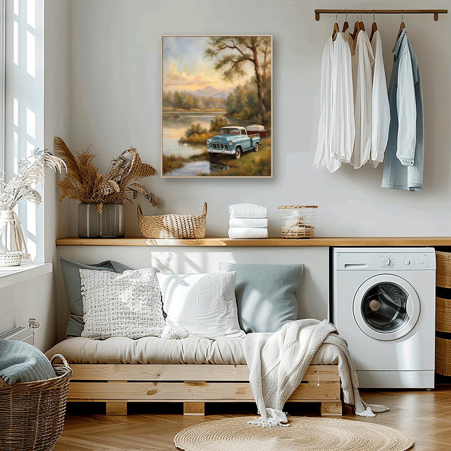 1950s lakeside painting by AquilVision hung above a cozy laundry room bench with cushions and white shirts hanging