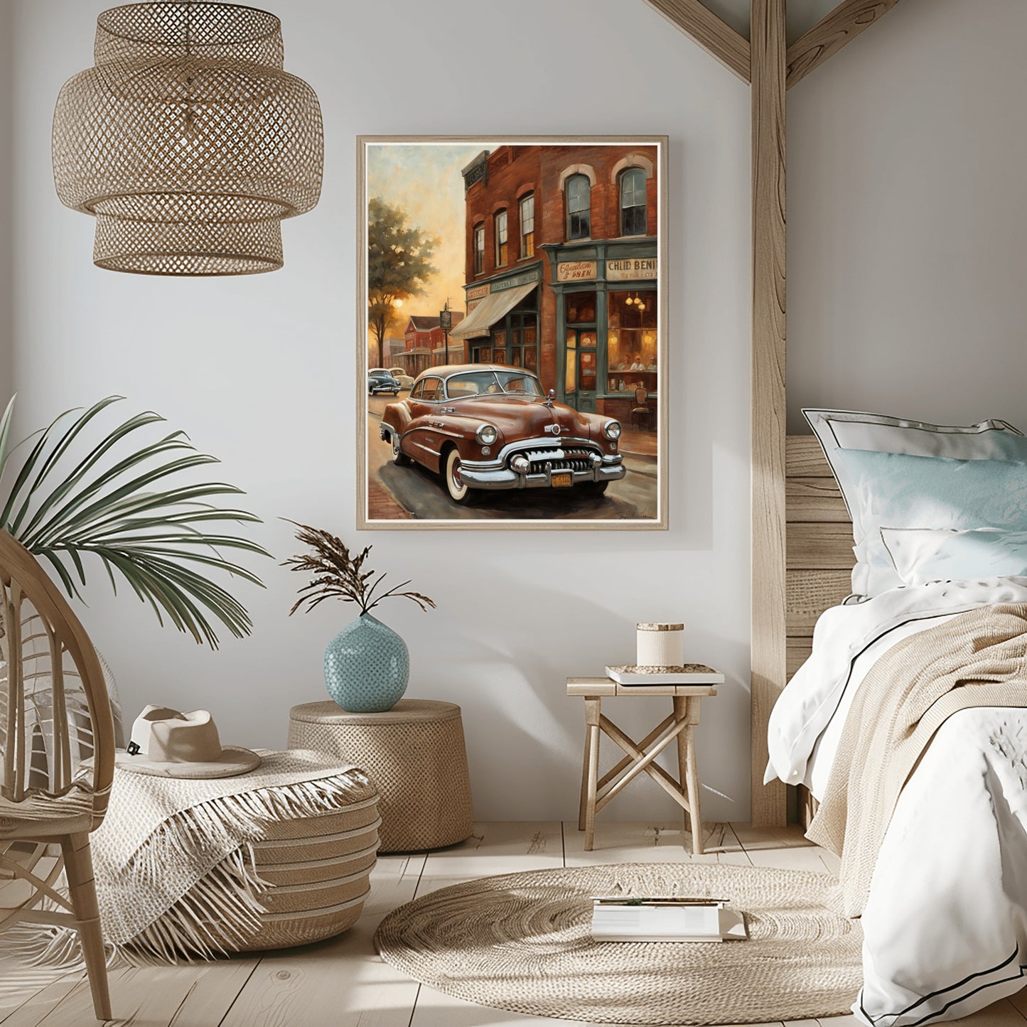 1950s retro car wall art by AquilVision displayed in a cozy modern bedroom with rustic decor